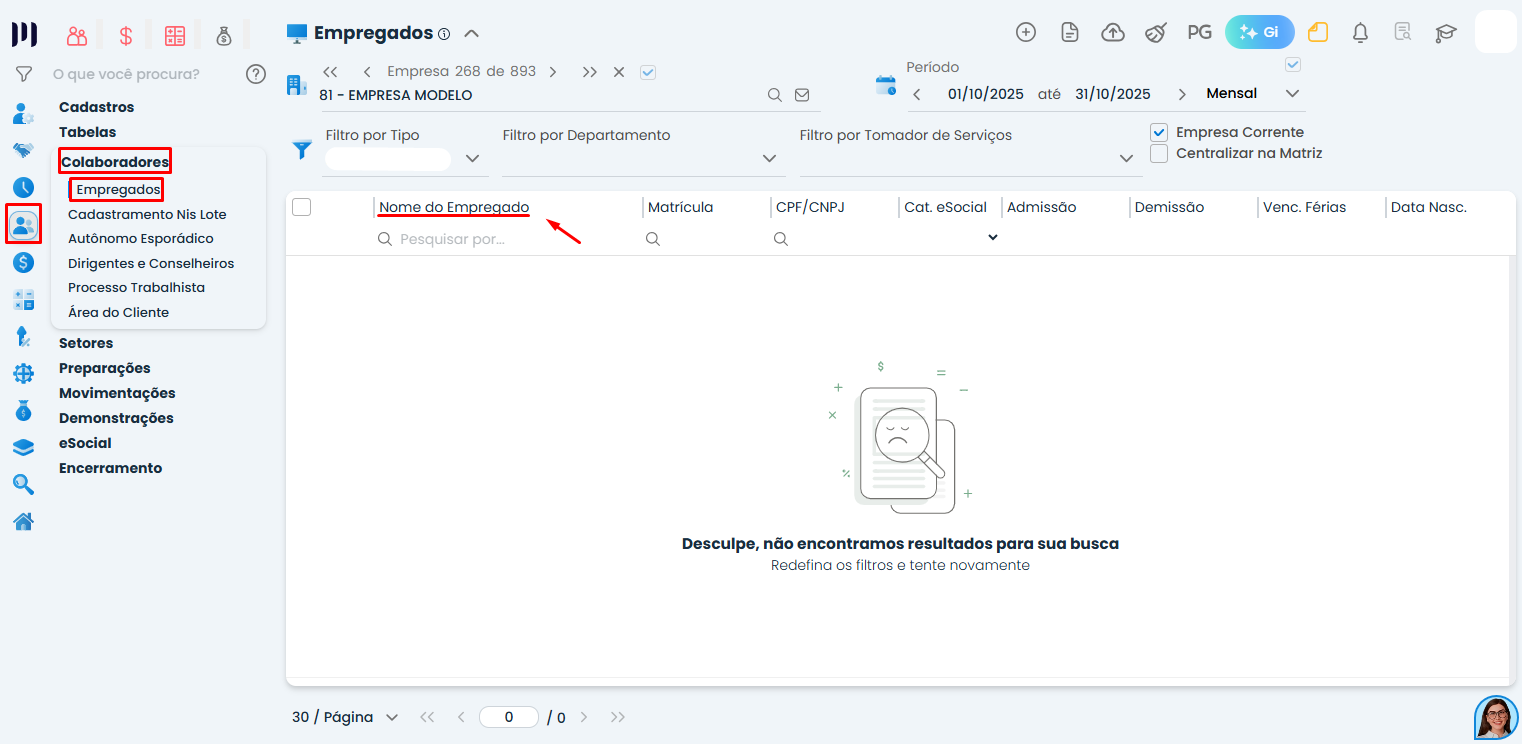 Tela do Sistema Contábil Makro na aba empregados com coluna nome destacada para ordenar folha de pagamento por ordem alfabética