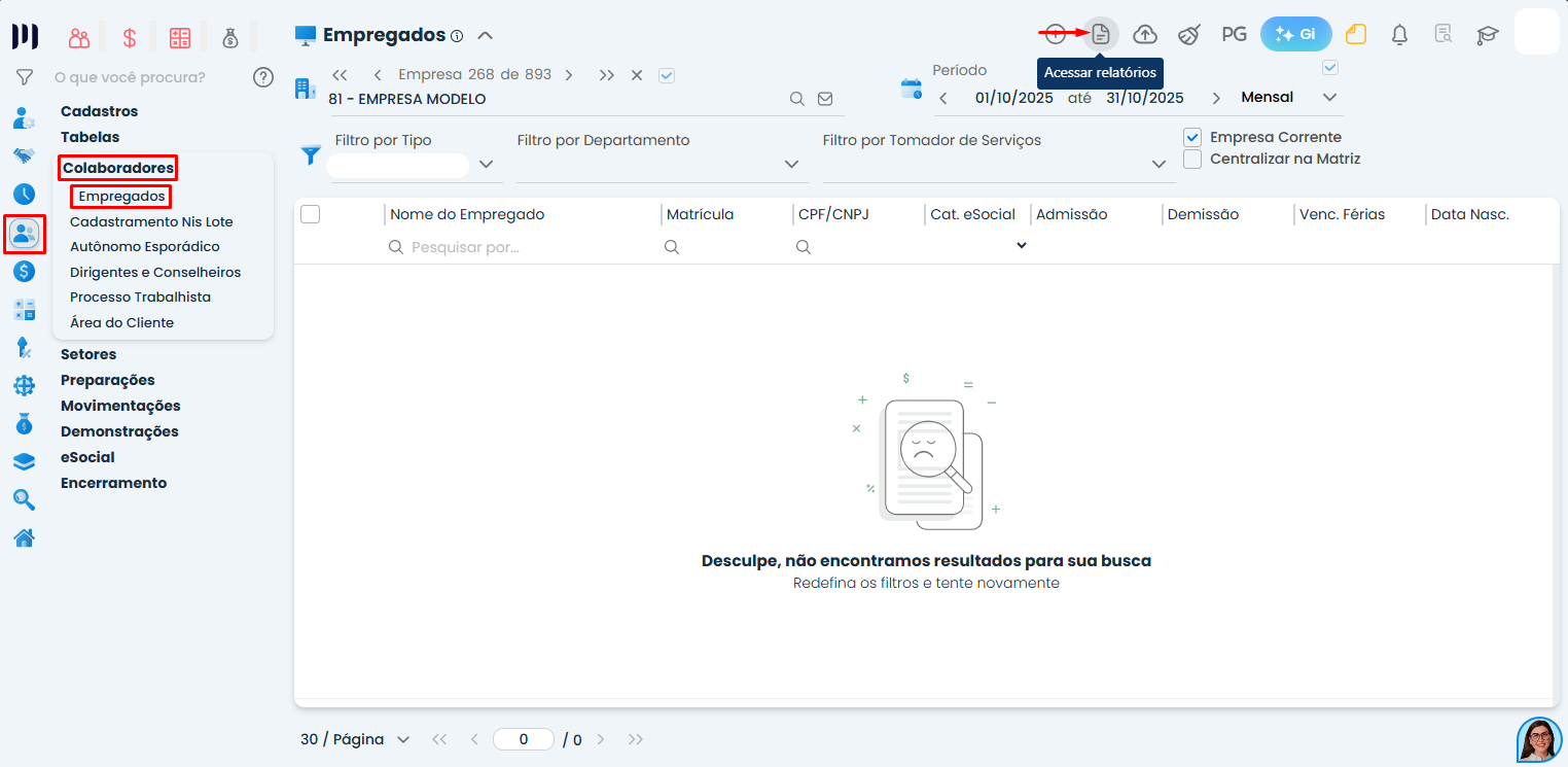 Interface do Sistema Contábil Makro com opção de relatórios após ordenar folha de pagamento por ordem alfabética na lista de empregados
