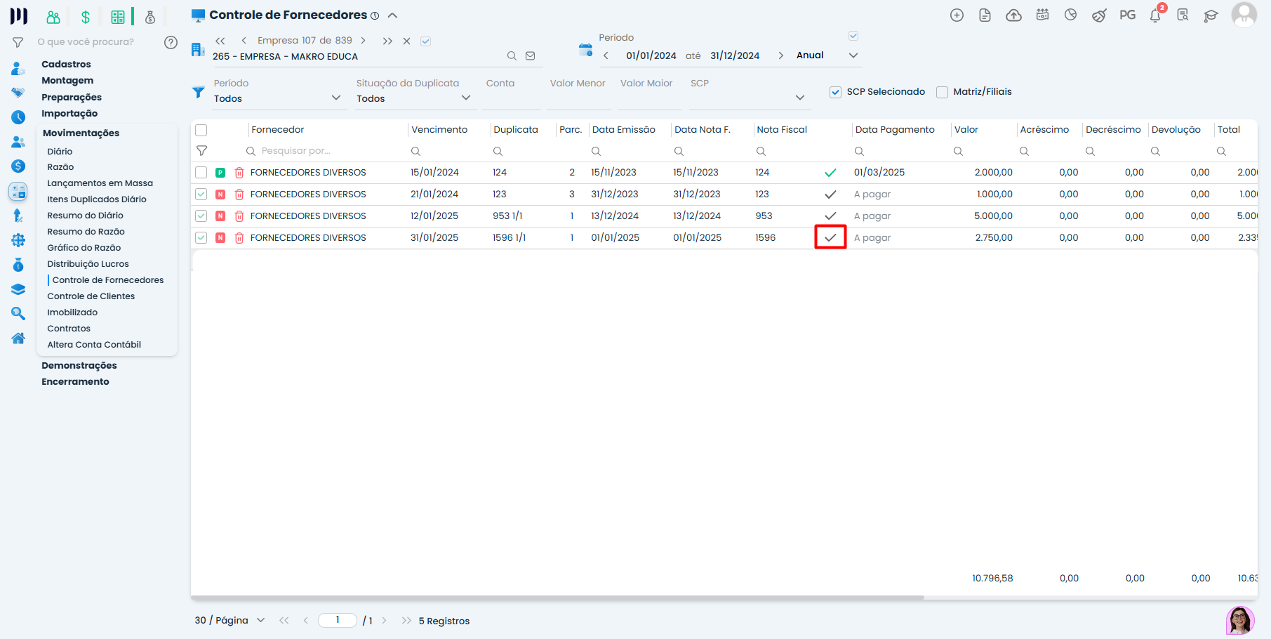 Lista de duplicatas com status a pagar no Sistema Contábil Makro destacando registros prontos para pagamentos de duplicatas no controle financeiro.