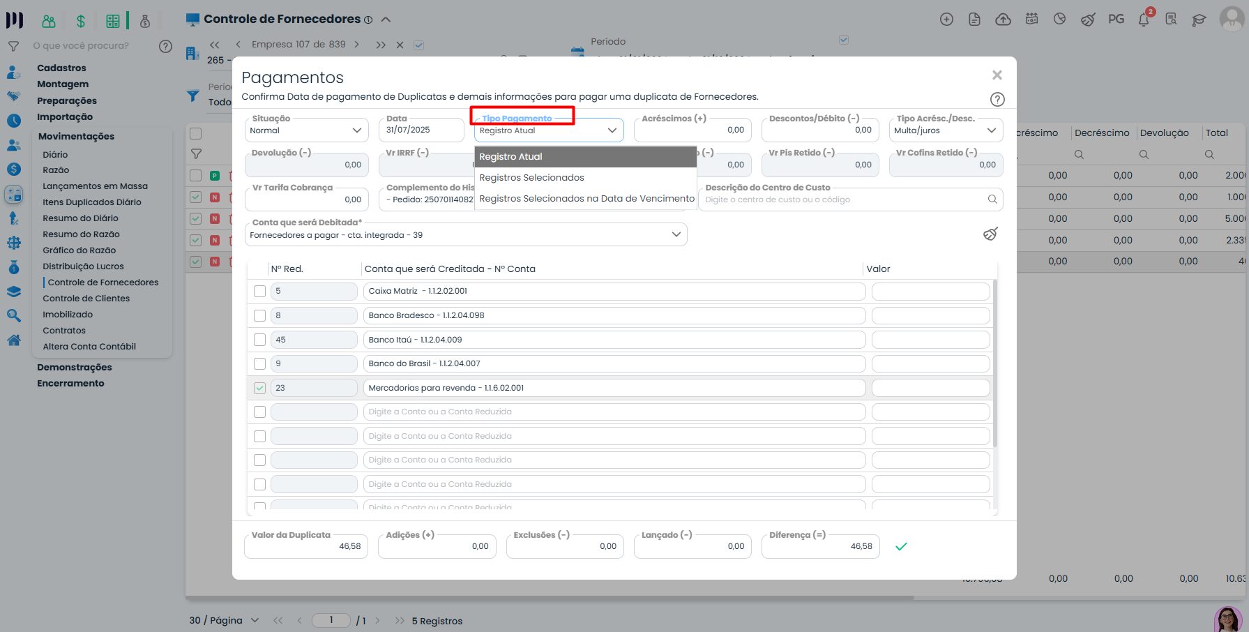 Janela de pagamentos do Sistema Contábil Makro com opção registros selecionados para processar pagamentos de duplicatas em lote com configurações.
