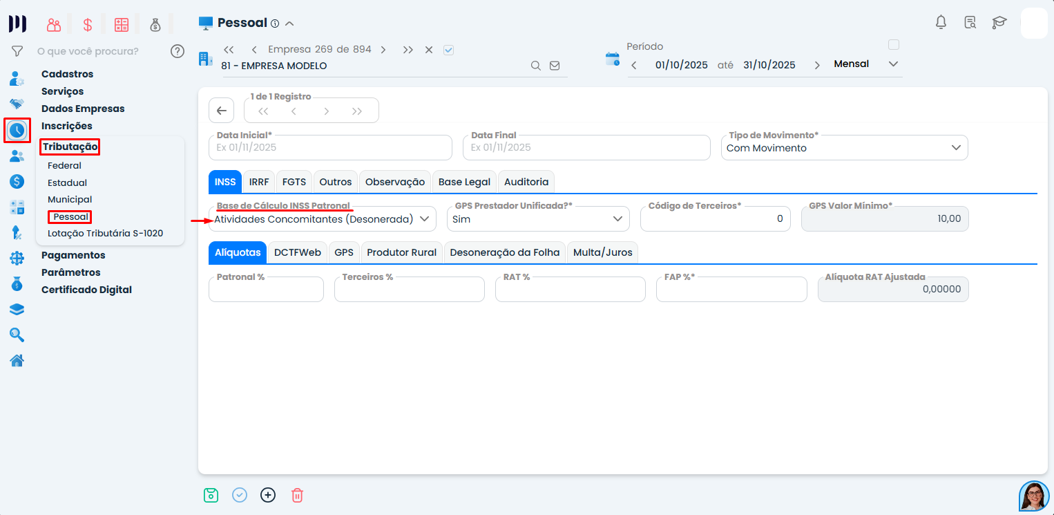 Tela do Sistema Contábil Makro na aba de tributação com opção de parametrização em dois anexos concomitantes para cálculo do INSS patronal