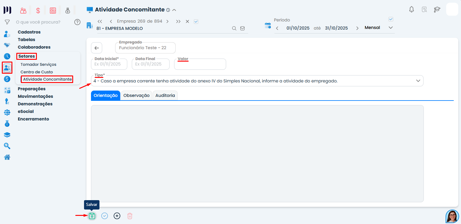 Cadastro no Sistema Contábil Makro com definição de tipo 4 para parametrização em dois anexos concomitantes conforme atividade do empregado no período