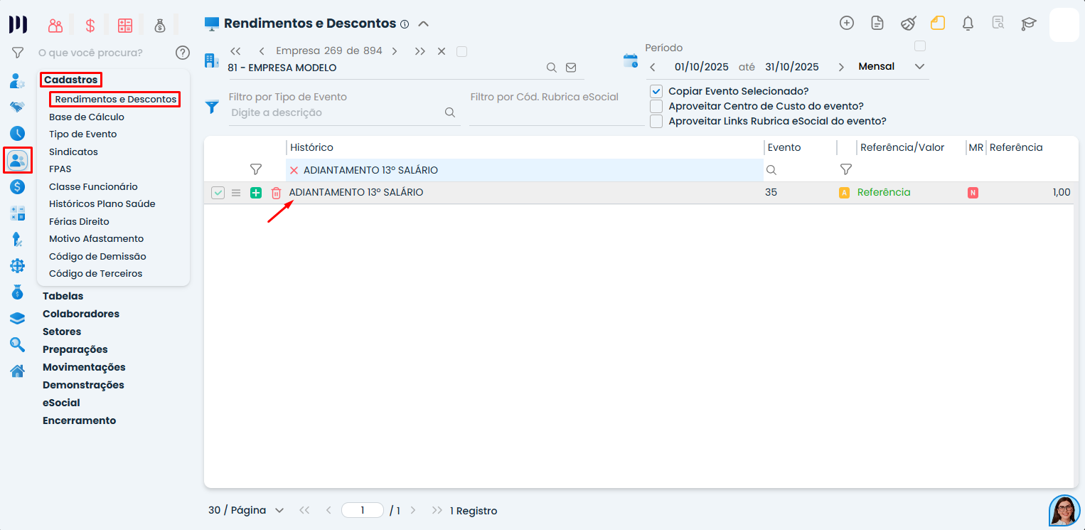 Tela de Rendimentos e Descontos no Sistema Contábil Makro com evento de Adiantamento do 13º salário selecionado para parametrização