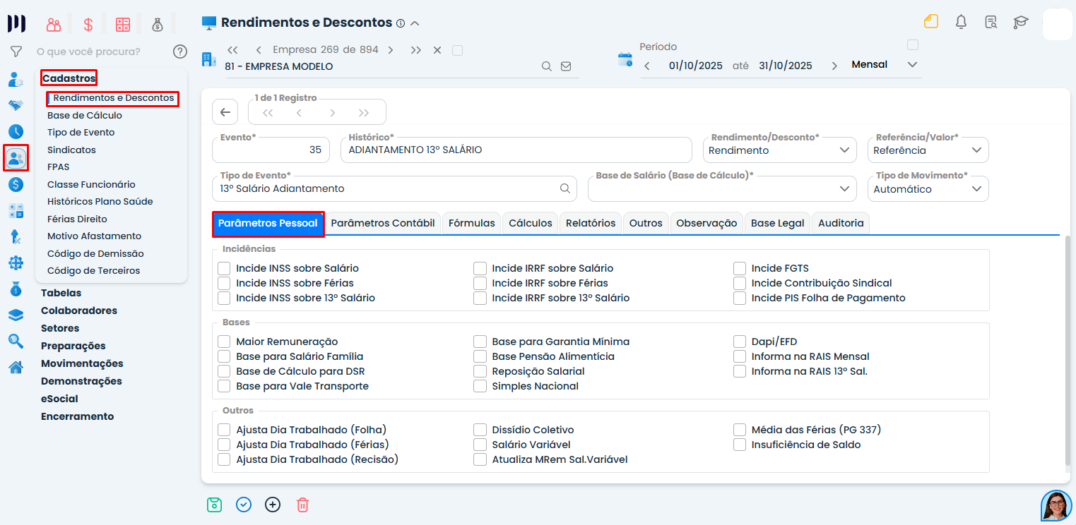 Configuração do evento Adiantamento do 13º salário no Sistema Contábil Makro com aba parâmetros pessoais e opções de incidência exibidas