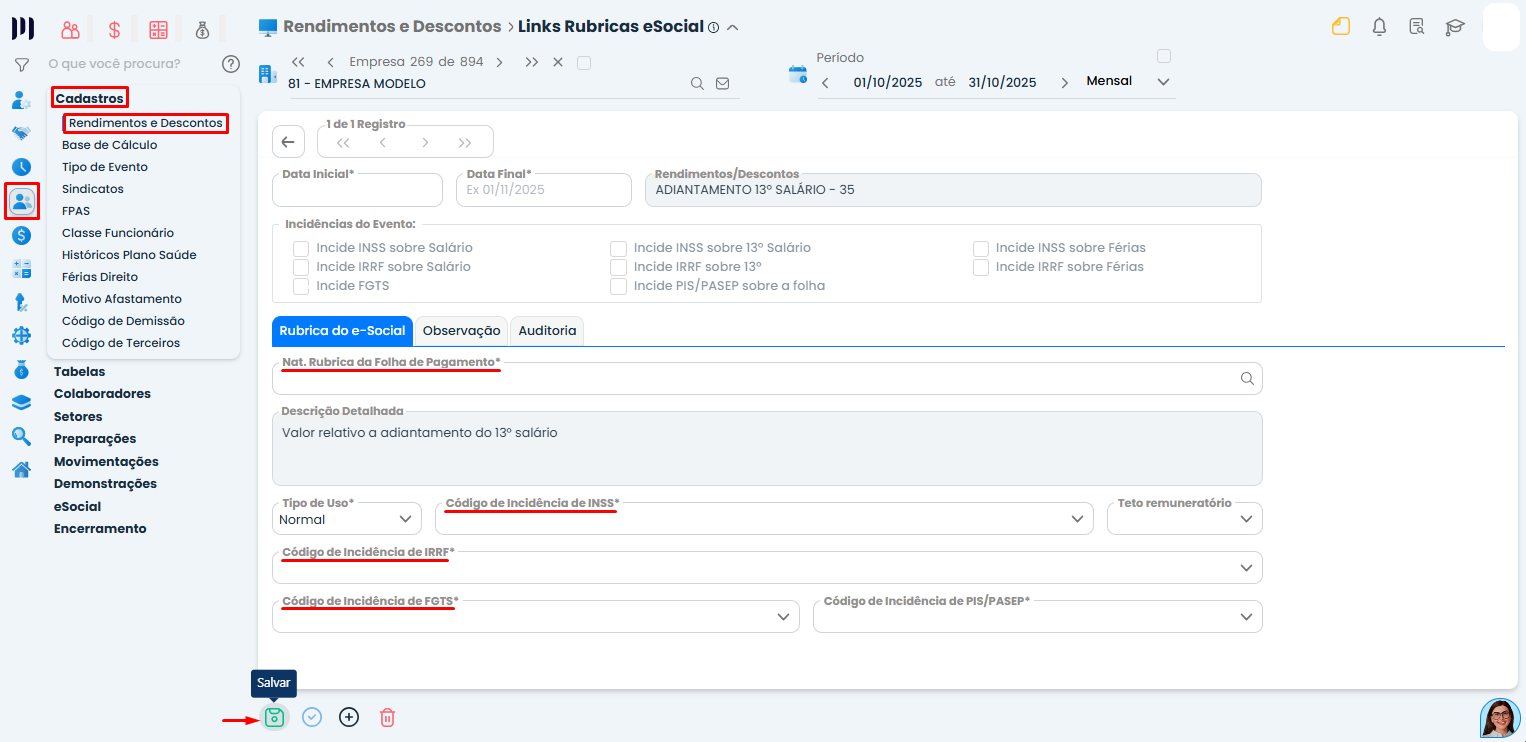 Tela de Links Rubricas eSocial no Sistema Contábil Makro com campos de incidência configurados para Adiantamento do 13º salário