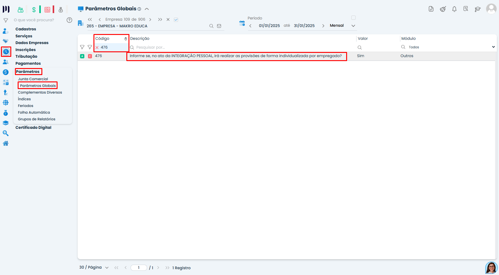 Tela de Parâmetros Globais no Sistema Contábil Makro exibindo o parâmetro 476 com descrição sobre provisões da folha por empregado destacada