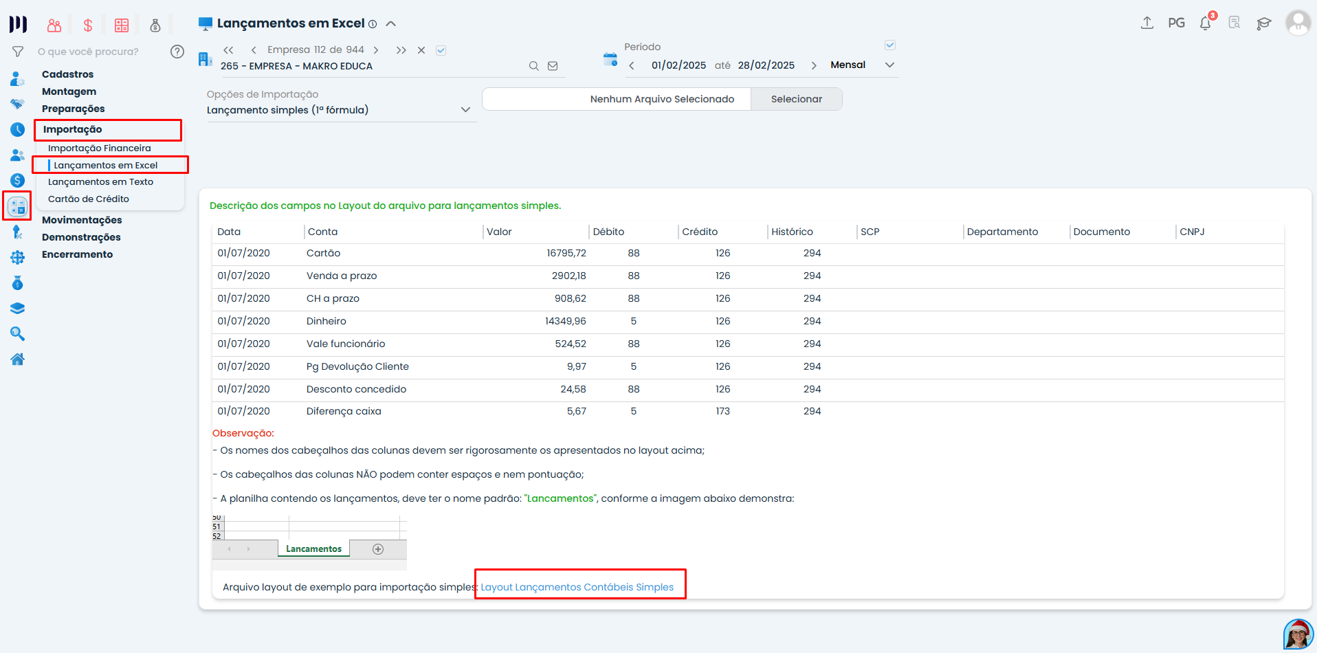 Tela do Sistema Contábil Makro no menu de importação de planilha em excel, destacando lançamentos em Excel e layout contábil para configuração