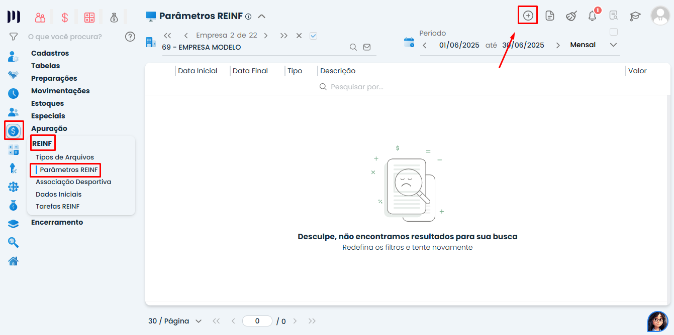Tela de Parâmetros REINF no Sistema Contábil Makro com menu Fiscal aberto e opção para incluir novo registro do Envio do Evento R-1000 na EFD-Reinf.