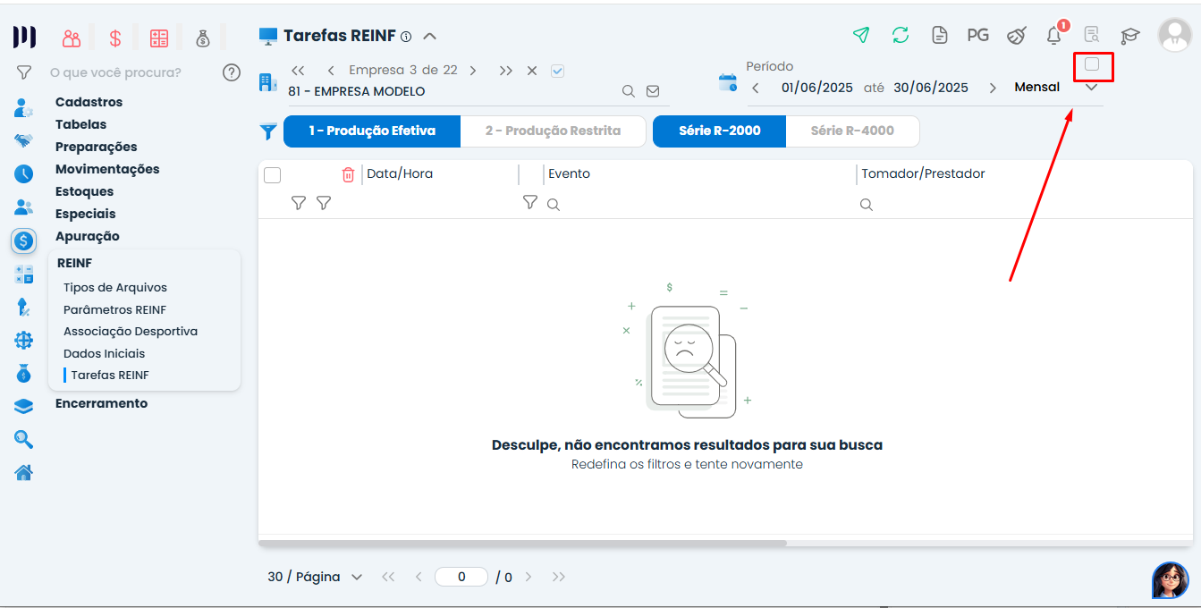 Tela de Tarefas REINF no Sistema Contábil Makro exibindo filtro por período e listagem vazia antes da geração do Envio do Evento R-1000 na EFD-Reinf.