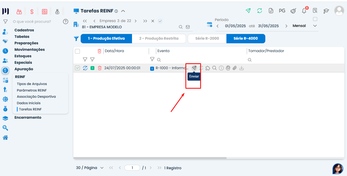 Listagem de eventos na Tarefas REINF do Sistema Contábil Makro com destaque no botão enviar para execução do Envio do Evento R-1000 na EFD-Reinf.