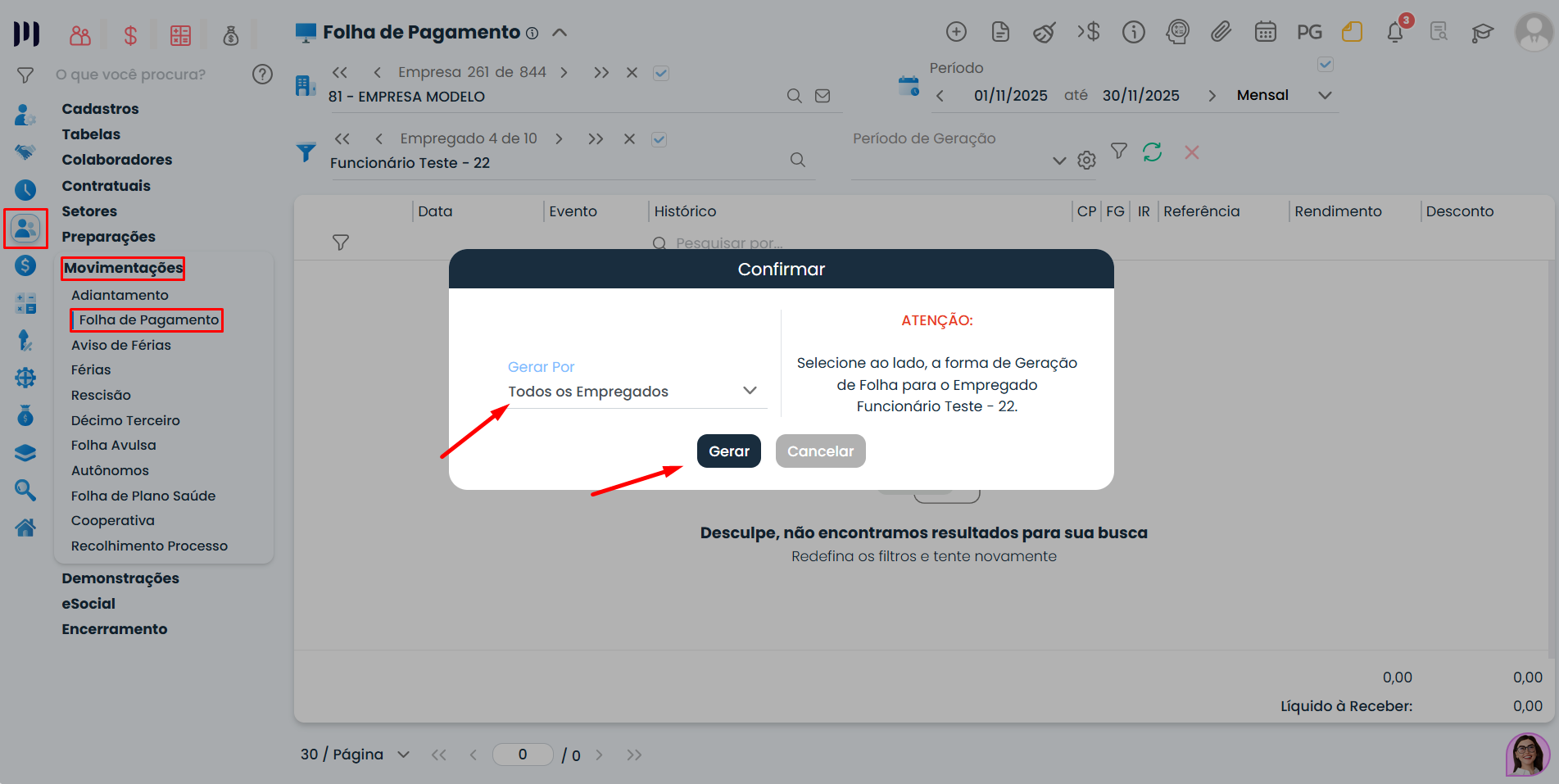 Janela de confirmação no Sistema Contábil Makro para gerar folha com opção todos os empregados no processo de fechamento da folha de pagamento.