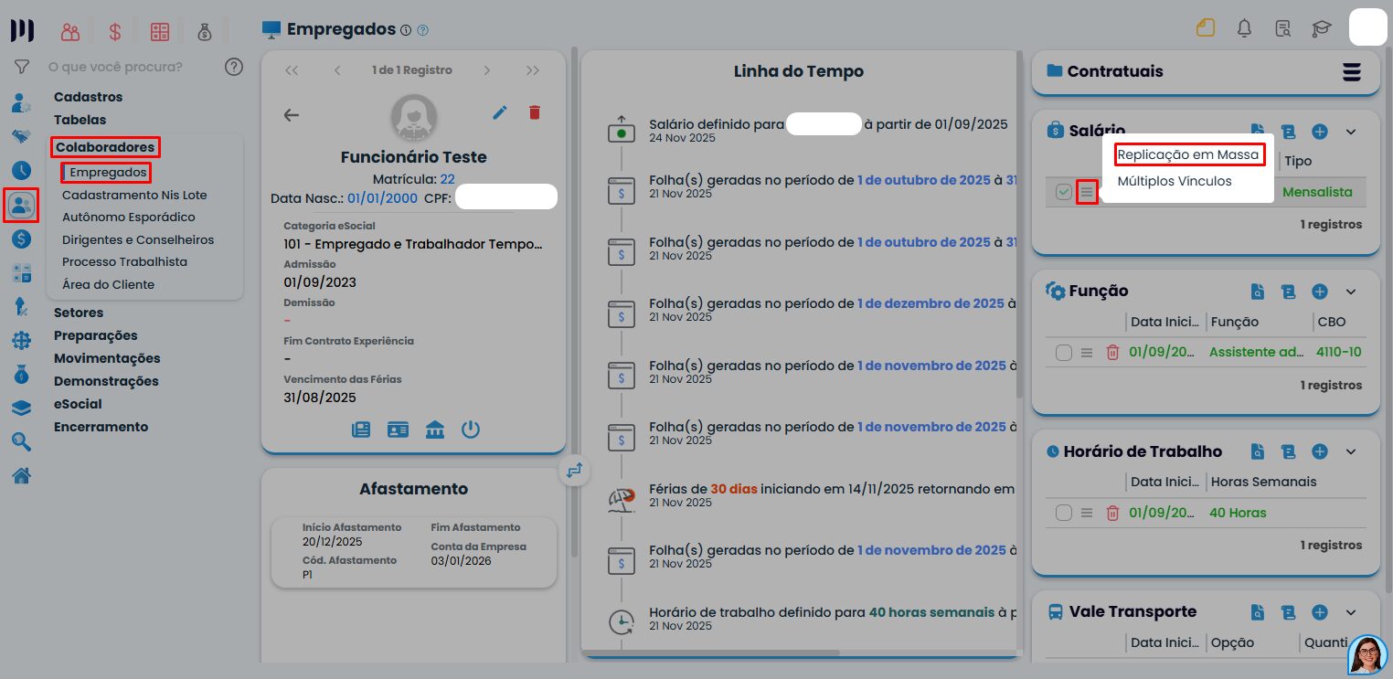 Interface do Sistema Contábil Makro exibindo menu de empregados e opção de replicação em massa para reajuste salarial com destaque na navegação