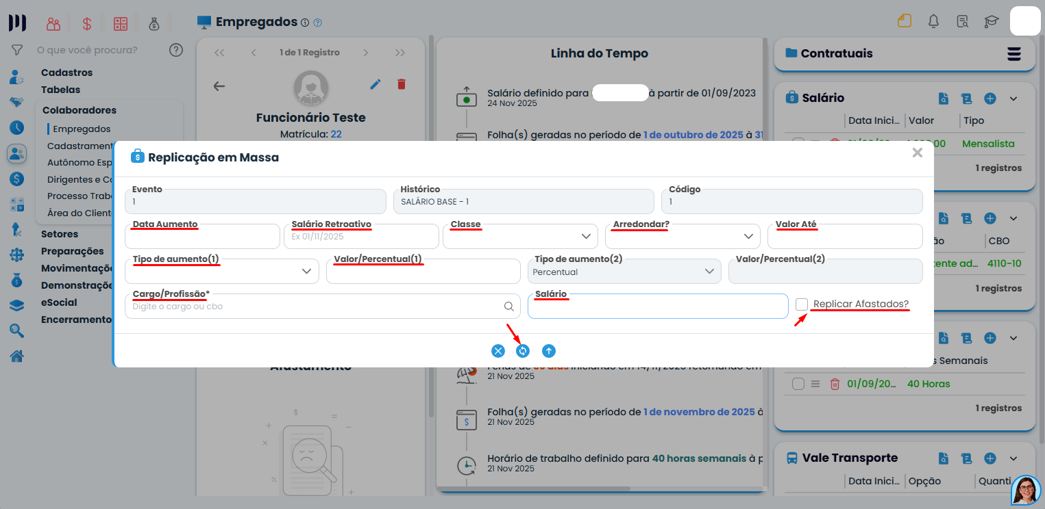 Tela de replicação em massa do Sistema Contábil Makro com campos de reajuste salarial como data, percentual, cargo e opções de aplicação automática