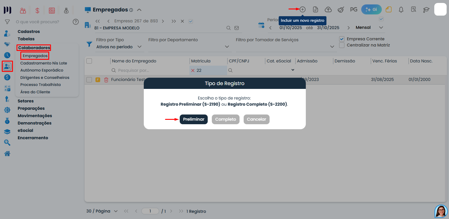 Tela do Sistema Contábil Makro exibindo seleção de admissão preliminar com opção de registro S-2190 destacada no cadastro de empregados