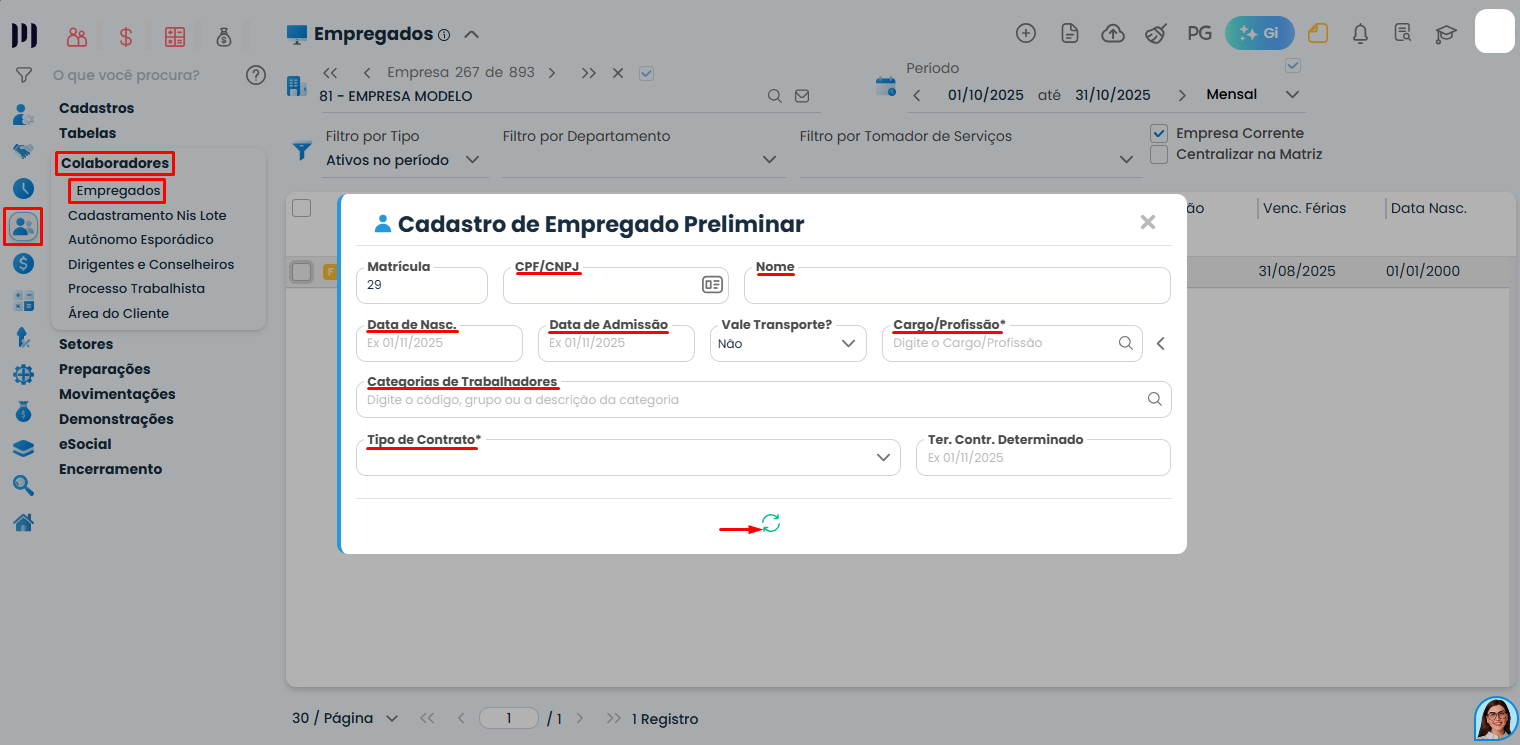 Formulário de admissão preliminar no Sistema Contábil Makro com campos obrigatórios como CPF, admissão e categoria para envio S-2190