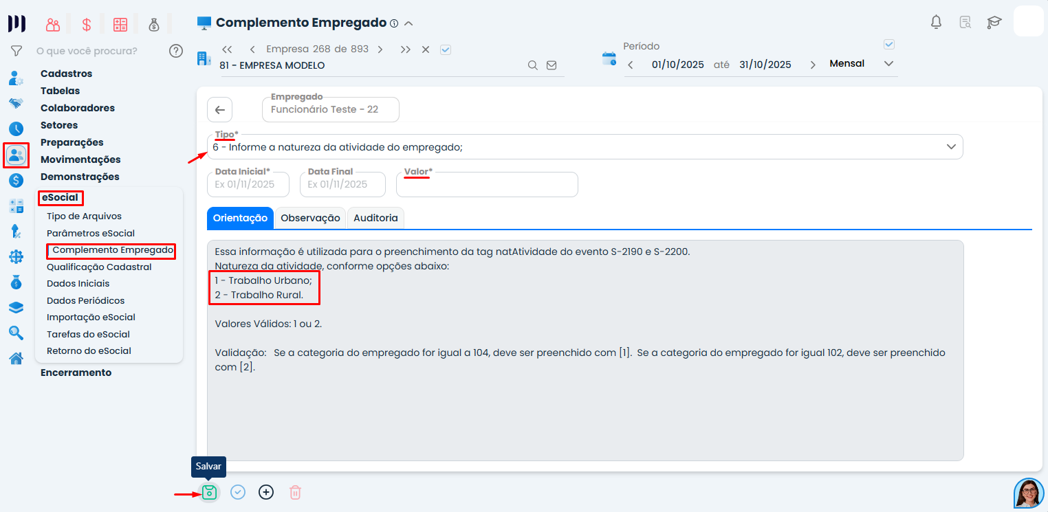 Tela de complemento do empregado no Sistema Contábil Makro com natureza da atividade para admissão preliminar no envio ao eSocial