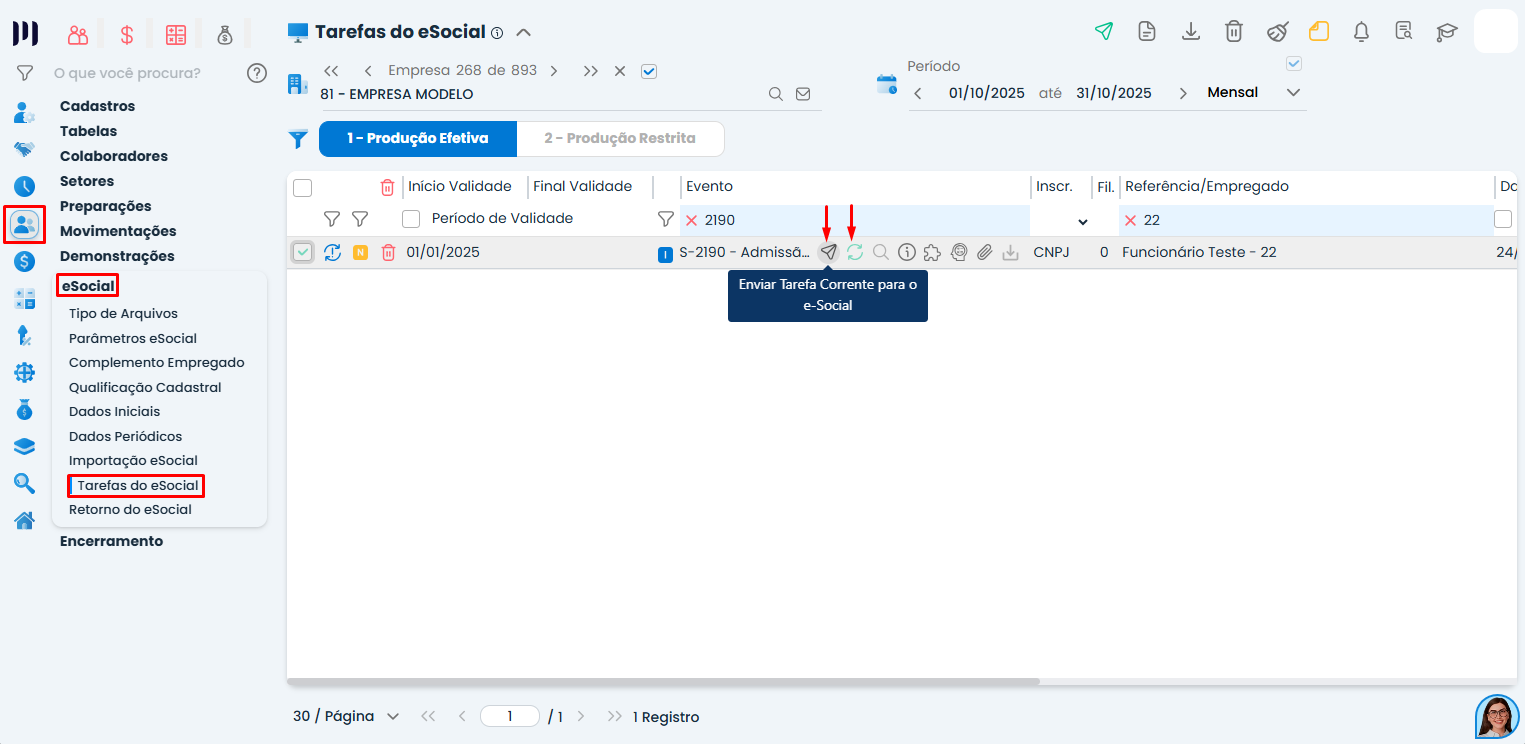 Tela de tarefas do eSocial no Sistema Contábil Makro com evento S-2190 de admissão preliminar pronto para envio ao governo