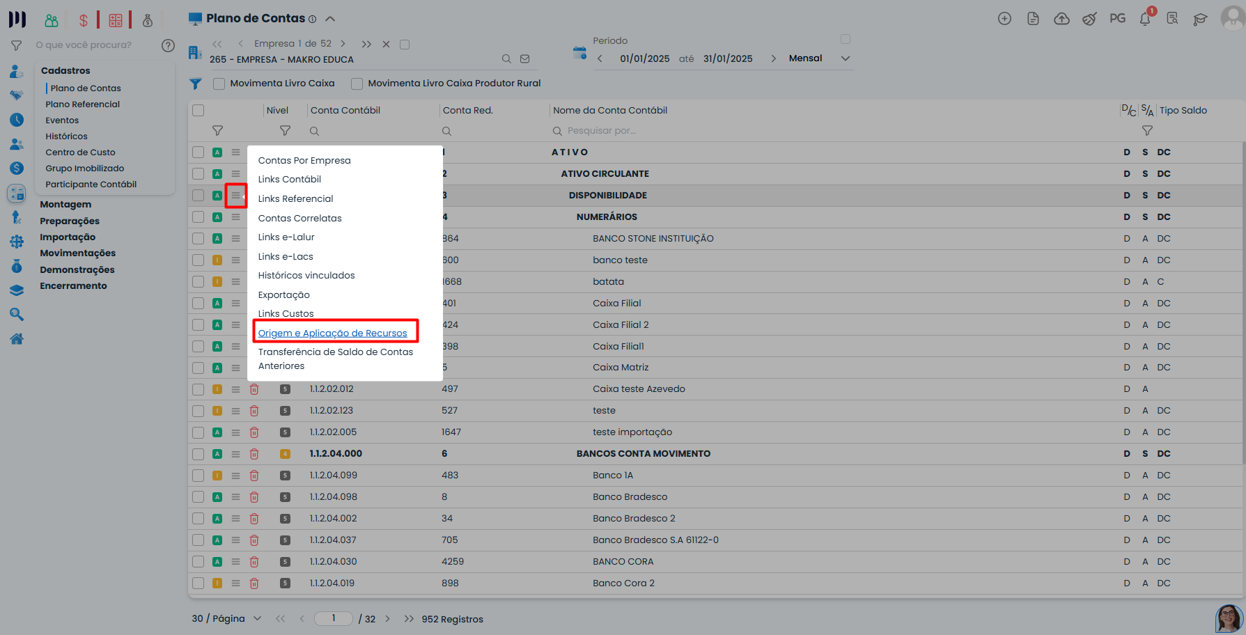 Interface do Sistema Contábil Makro com submenu aberto destacando a opção Origem e Aplicação de Recursos para o Registro X390 da ECF.