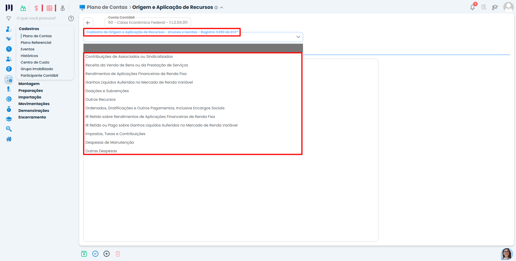 Cadastro no Sistema Contábil Makro com lista de opções de origem e aplicação de recursos utilizada na configuração do Registro X390 da ECF