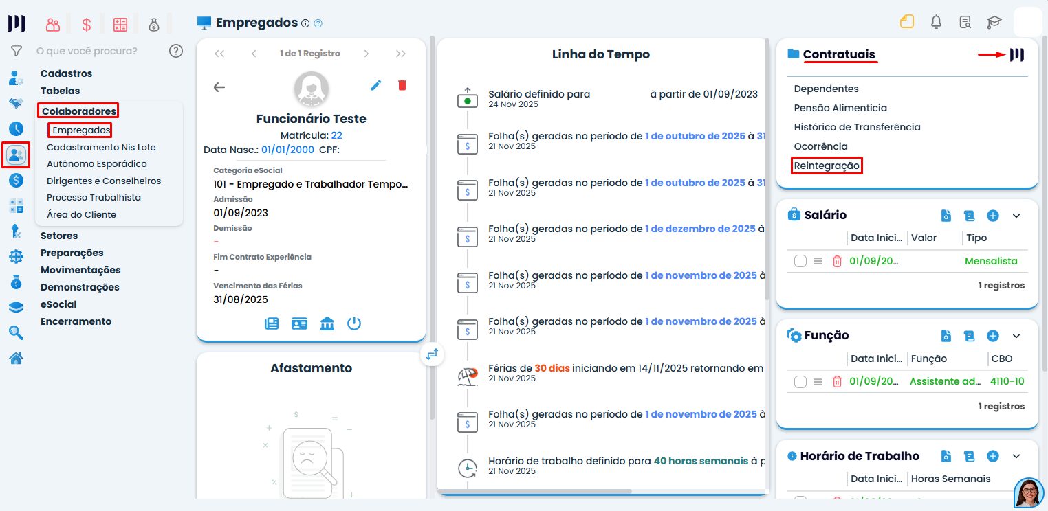 Tela do Sistema Contábil Makro na aba empregados com opção de reintegração destacada no menu contratual para gestão de reintegração.
