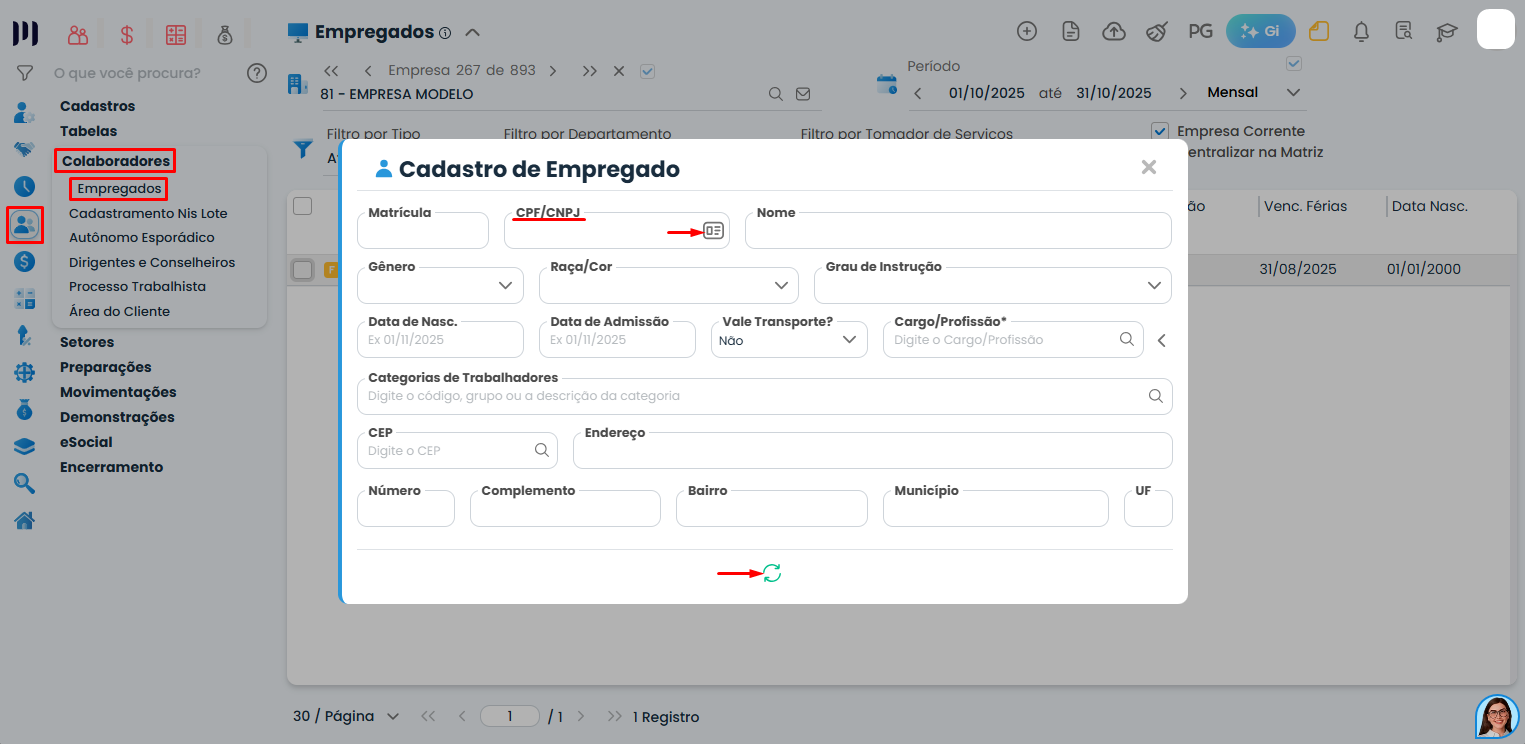 Formulário de cadastro de empregado no Sistema Contábil Makro com campos de dados pessoais para recriação após reintegração.