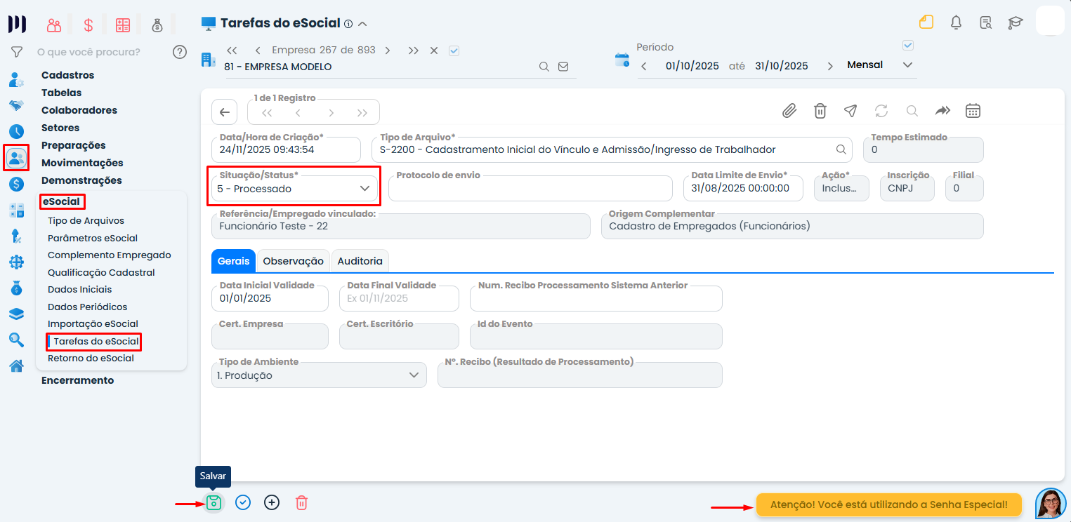 Tela de edição do evento S-2200 no Sistema Contábil Makro com status processado selecionado para ajuste manual da reintegração.