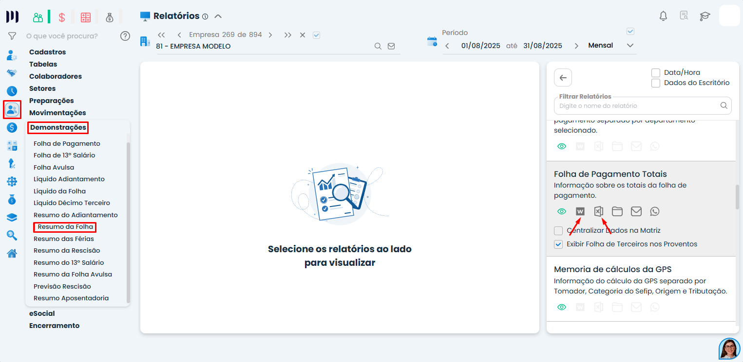 Tela de Relatório em Formato de texto ou planilha no sistema contábil Makrosystem