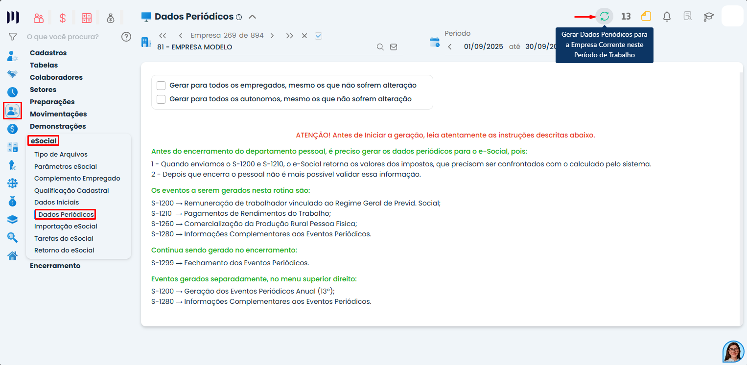 Tela de geração de dados periódicos no Sistema Contábil Makro destacando opção gerar eventos eSocial para corrigir divergência de FGTS