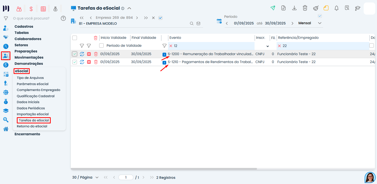 Tela de tarefas do eSocial no Sistema Contábil Makro com eventos S-1200 e S-1210 destacados para envio e correção de divergência de FGTS