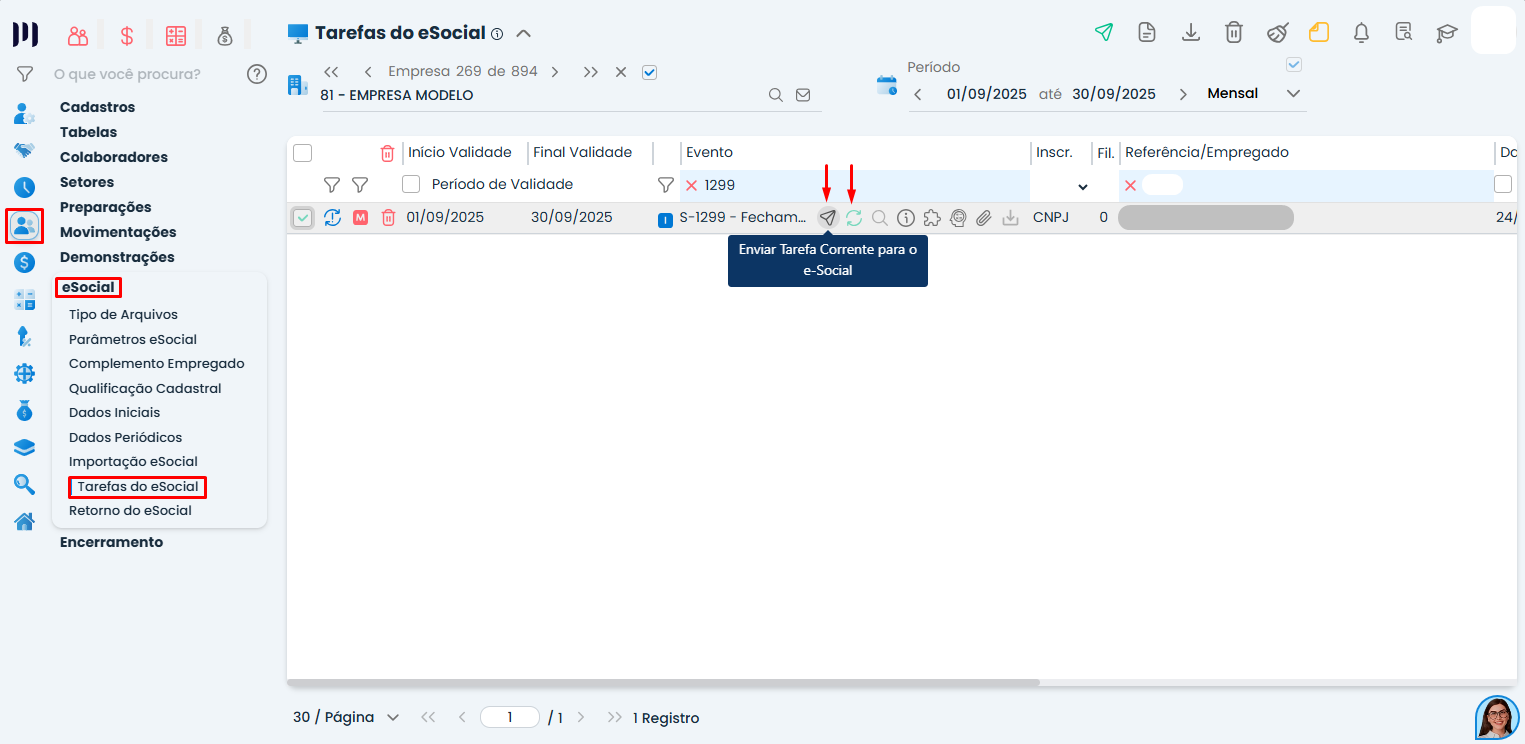 Tela de tarefas do eSocial no Sistema Contábil Makro com evento S-1299 destacado para envio e finalização sem divergência de FGTS