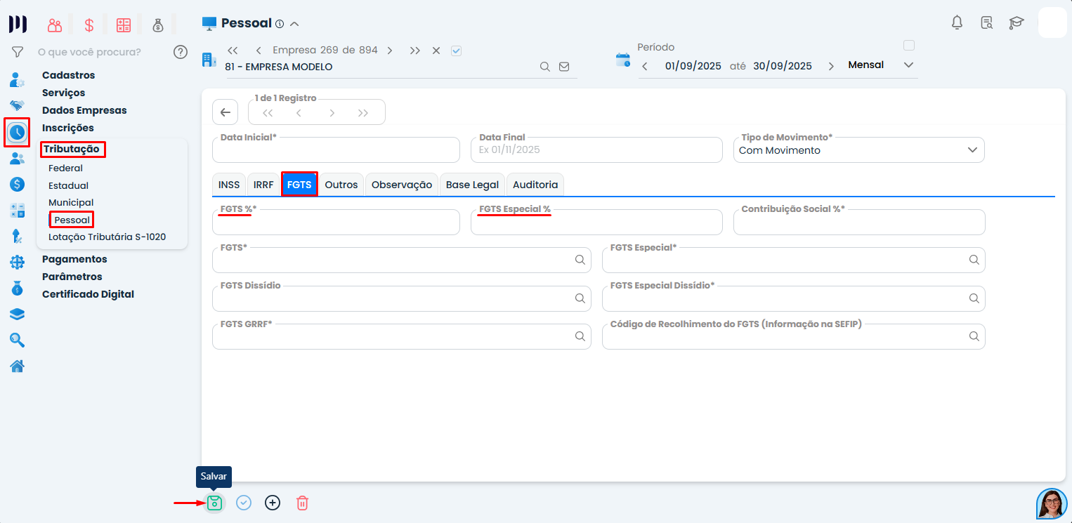 Tela de tributação pessoal FGTS no Sistema Contábil Makro com campos de alíquota destacados para ajuste de divergência de FGTS