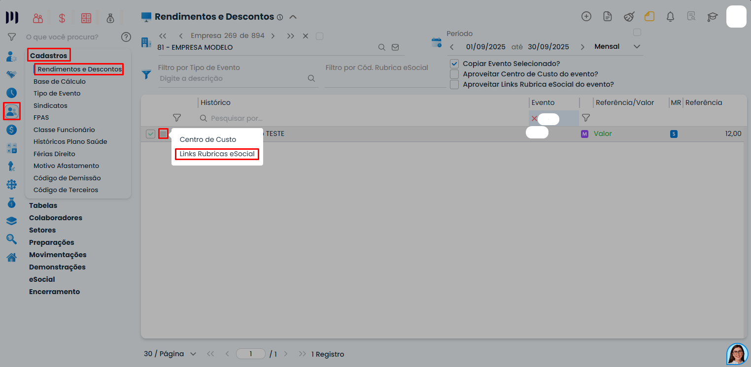 Tela de rendimentos e descontos no Sistema Contábil Makro com acesso a links rubricas eSocial para ajuste de divergência de FGTS