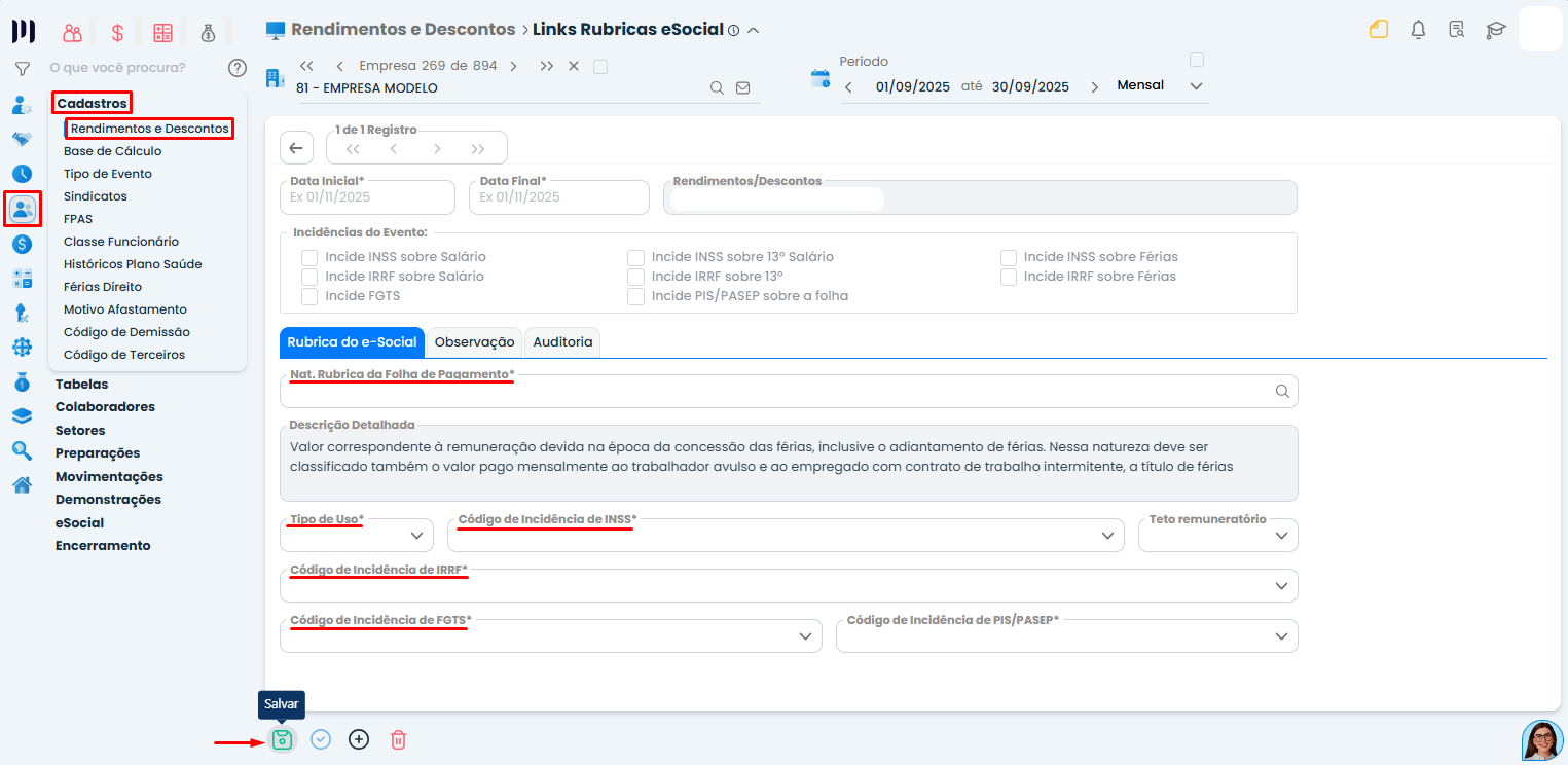 Tela de linkagem de rubricas eSocial no Sistema Contábil Makro com incidências de FGTS destacadas para corrigir divergência de FGTS