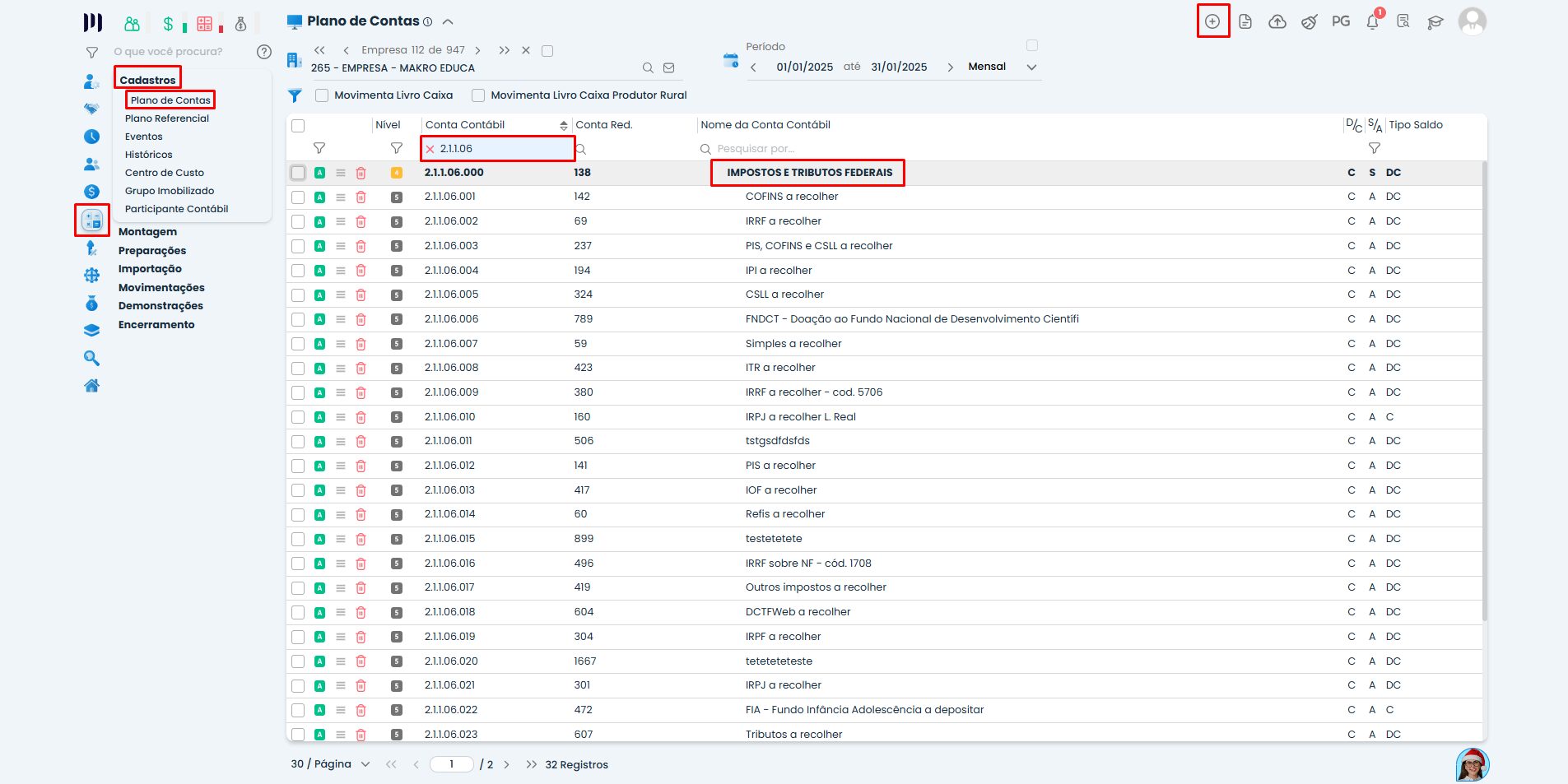 Tela do Plano de Contas no Sistema Contábil Makro com destaque para o grupo impostos federais na Unificação da DCTFWeb.