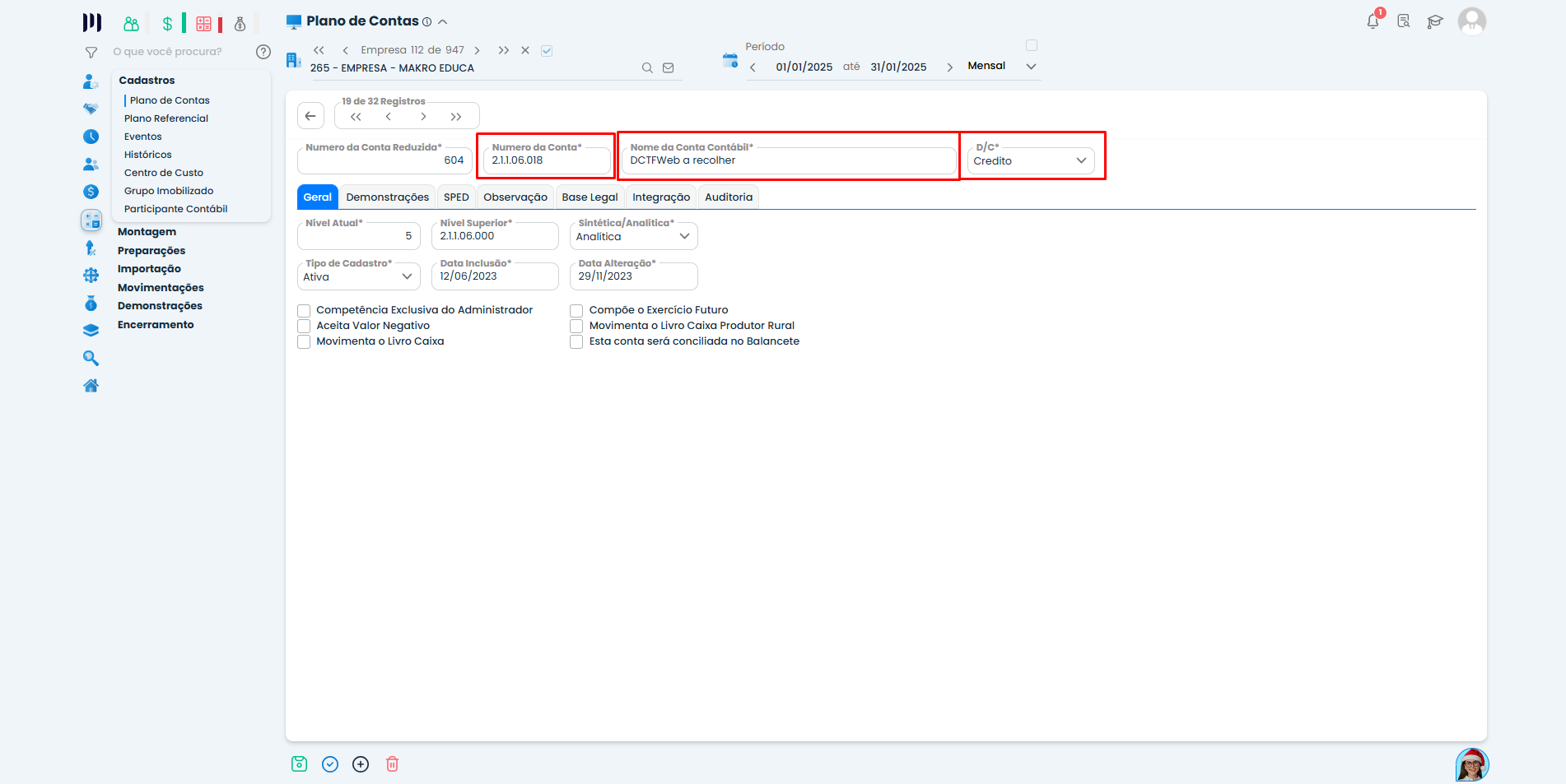 Cadastro de conta contábil no Sistema Contábil Makro exibindo campos preenchidos para Unificação da DCTFWeb com conta unificada.