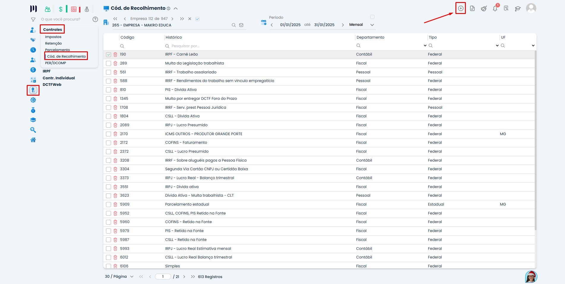 Tela de código de recolhimento no Sistema Contábil Makro com opção de inclusão destacada para Unificação da DCTFWeb.