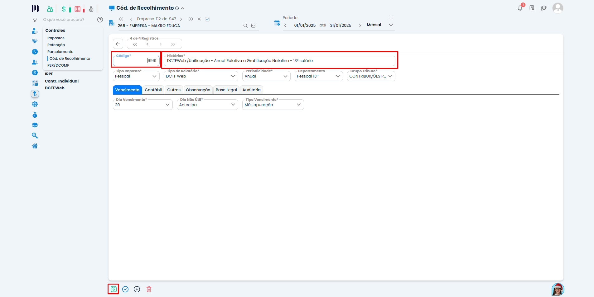 Cadastro do código 9991 anual no Sistema Contábil Makro para 13 salário na Unificação da DCTFWeb com descrição detalhada.