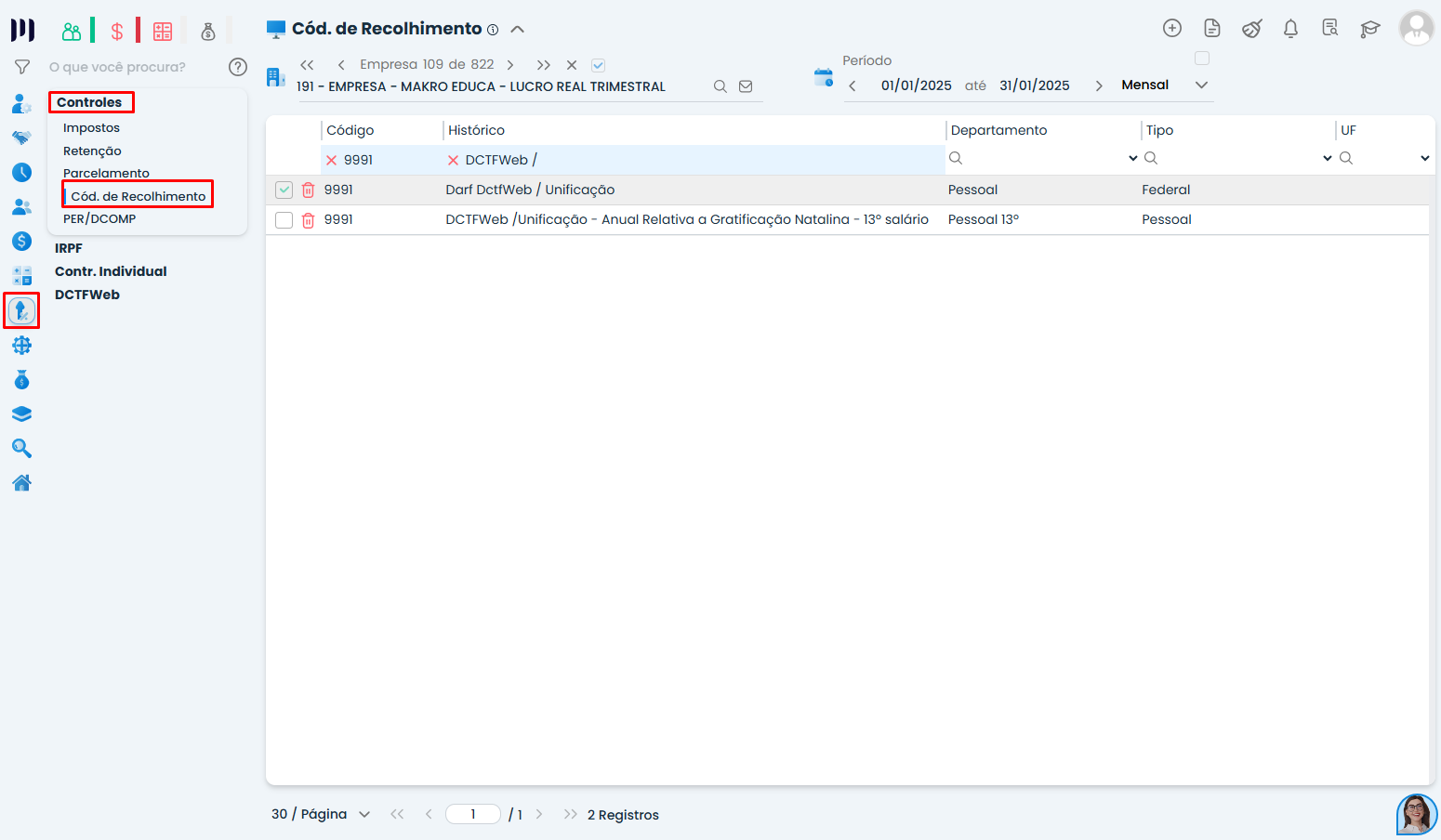 Tela de códigos de recolhimento no Sistema Contábil Makro para configurar Unificação da DCTFWeb INSS e IRRF com menu destacado.