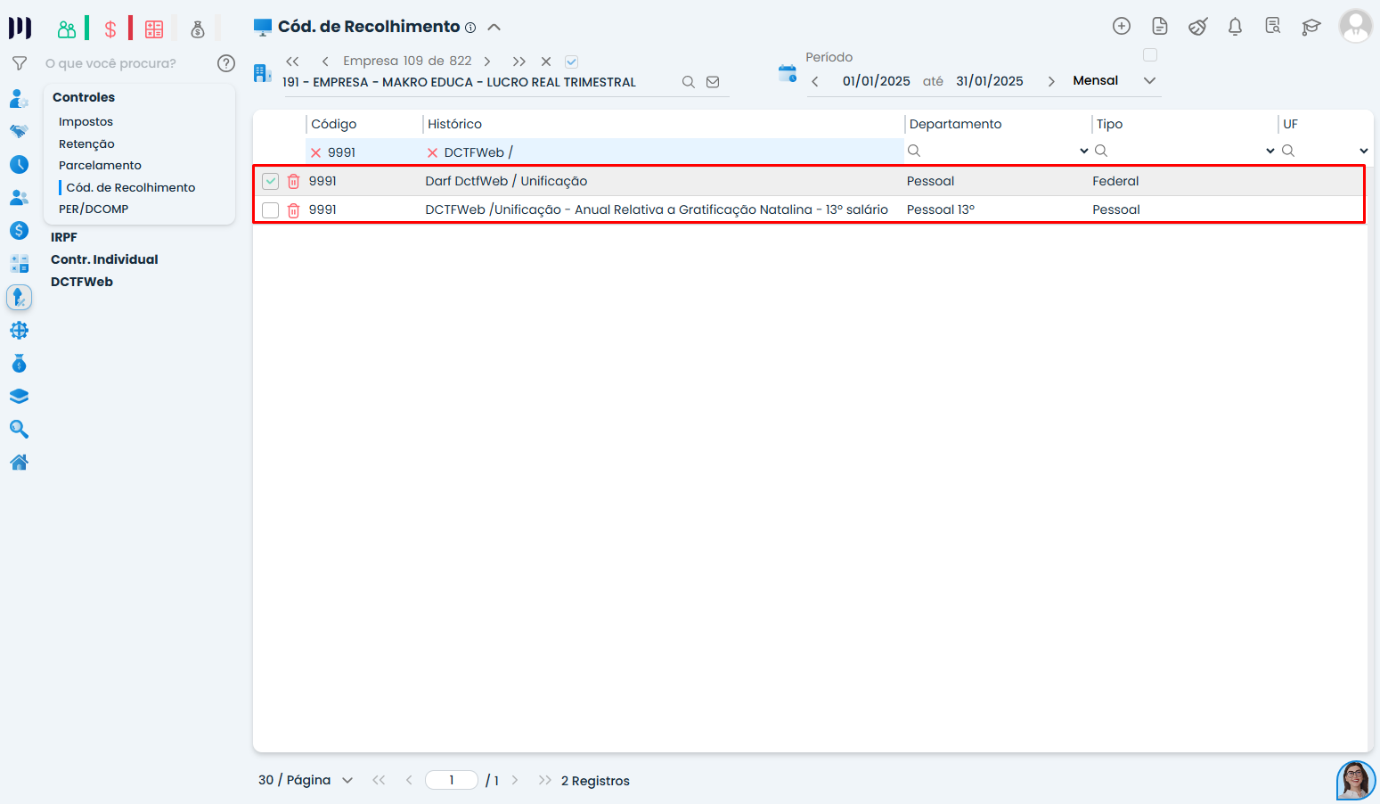 Lista de códigos no Sistema Contábil Makro mostra Unificação da DCTFWeb INSS e IRRF com registros DCTFWeb destacados em vermelho.