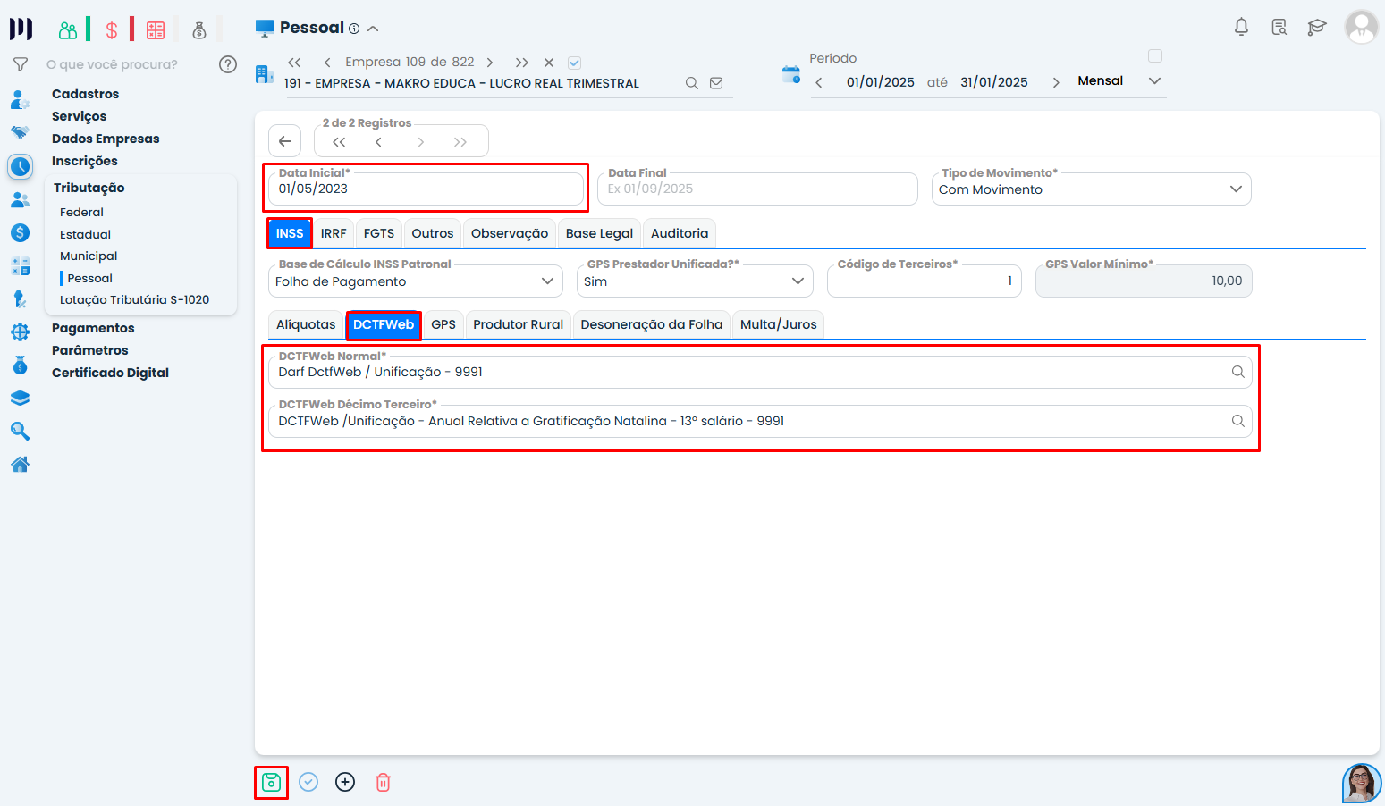 Aba INSS no Sistema Contábil Makro destaca campos DCTFWeb para configurar Unificação da DCTFWeb INSS e IRRF com códigos 9991.
