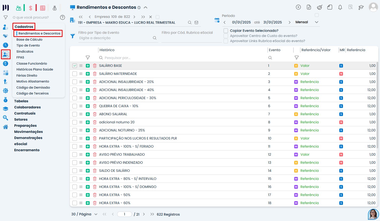 Menu rendimentos e descontos no Sistema Contábil Makro guia ajustes da Unificação da DCTFWeb INSS e IRRF em eventos pessoais.