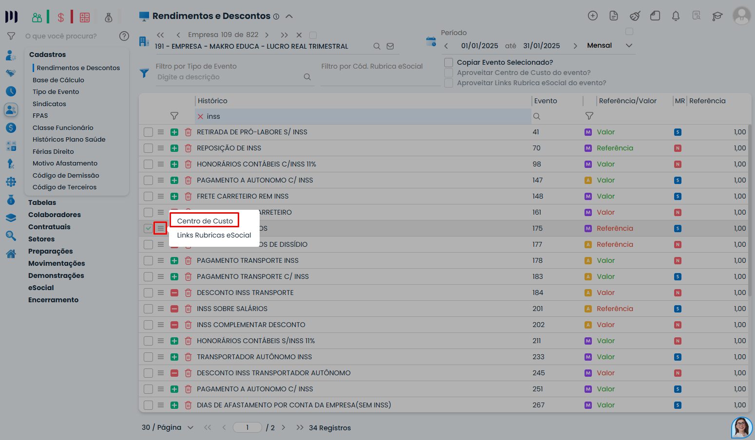 Lista de eventos no Sistema Contábil Makro destaca centro de custo para parametrizar Unificação da DCTFWeb INSS e IRRF corretamente.
