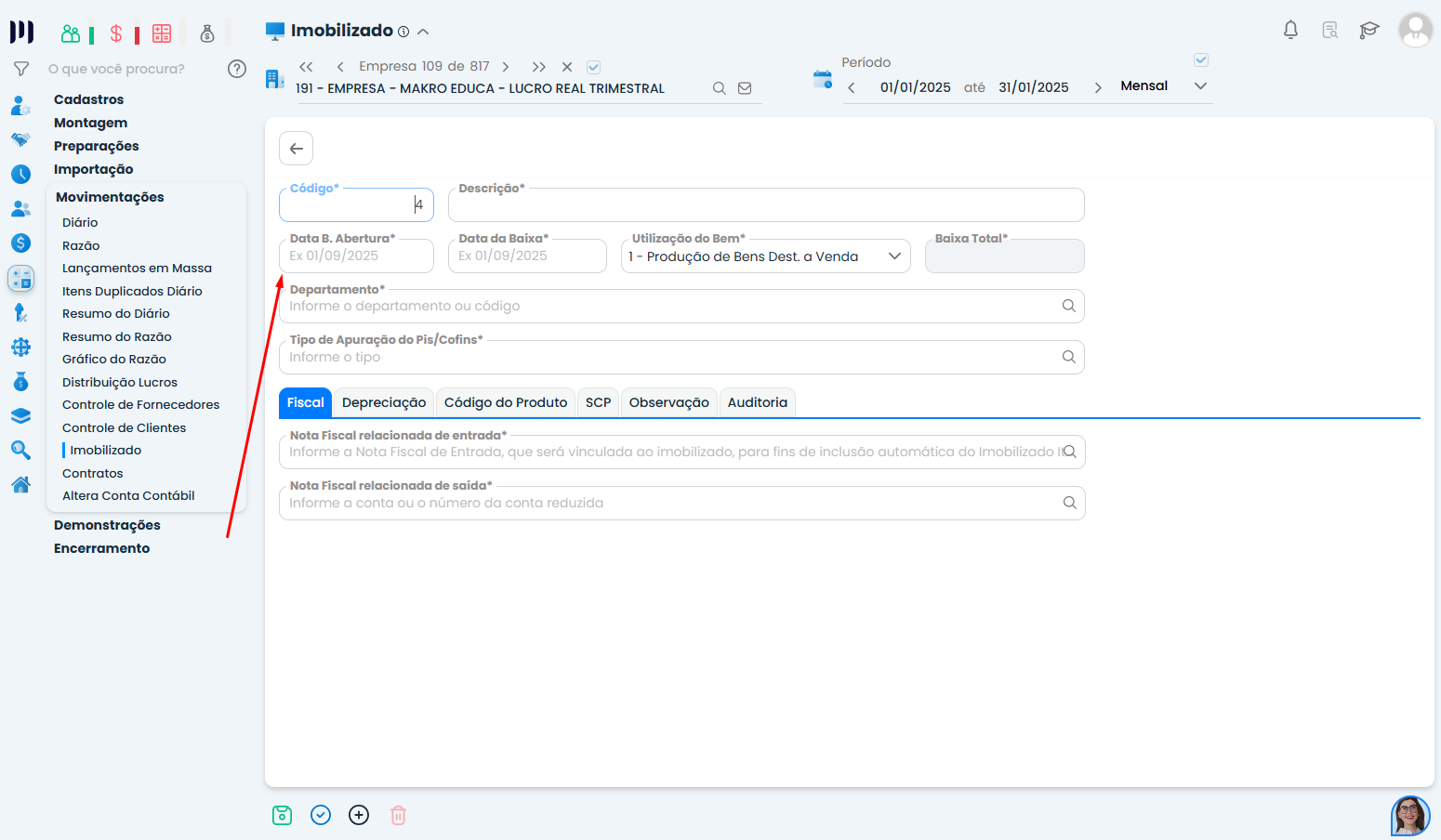 Cadastro de imobilizado no Sistema Contábil Makro com campo Data B. Abertura em destaque, essencial para validação correta de Diário x Imobilizado.