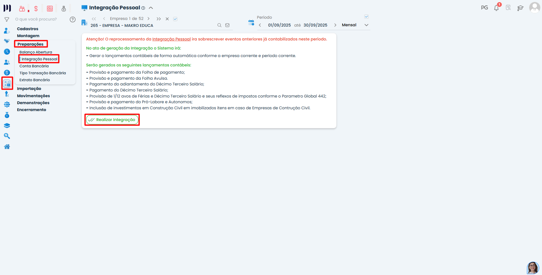 Tela de integração pessoal no Sistema Contábil Makro destacando opção de gerar lançamentos para salários no contábil com botão realizar integração