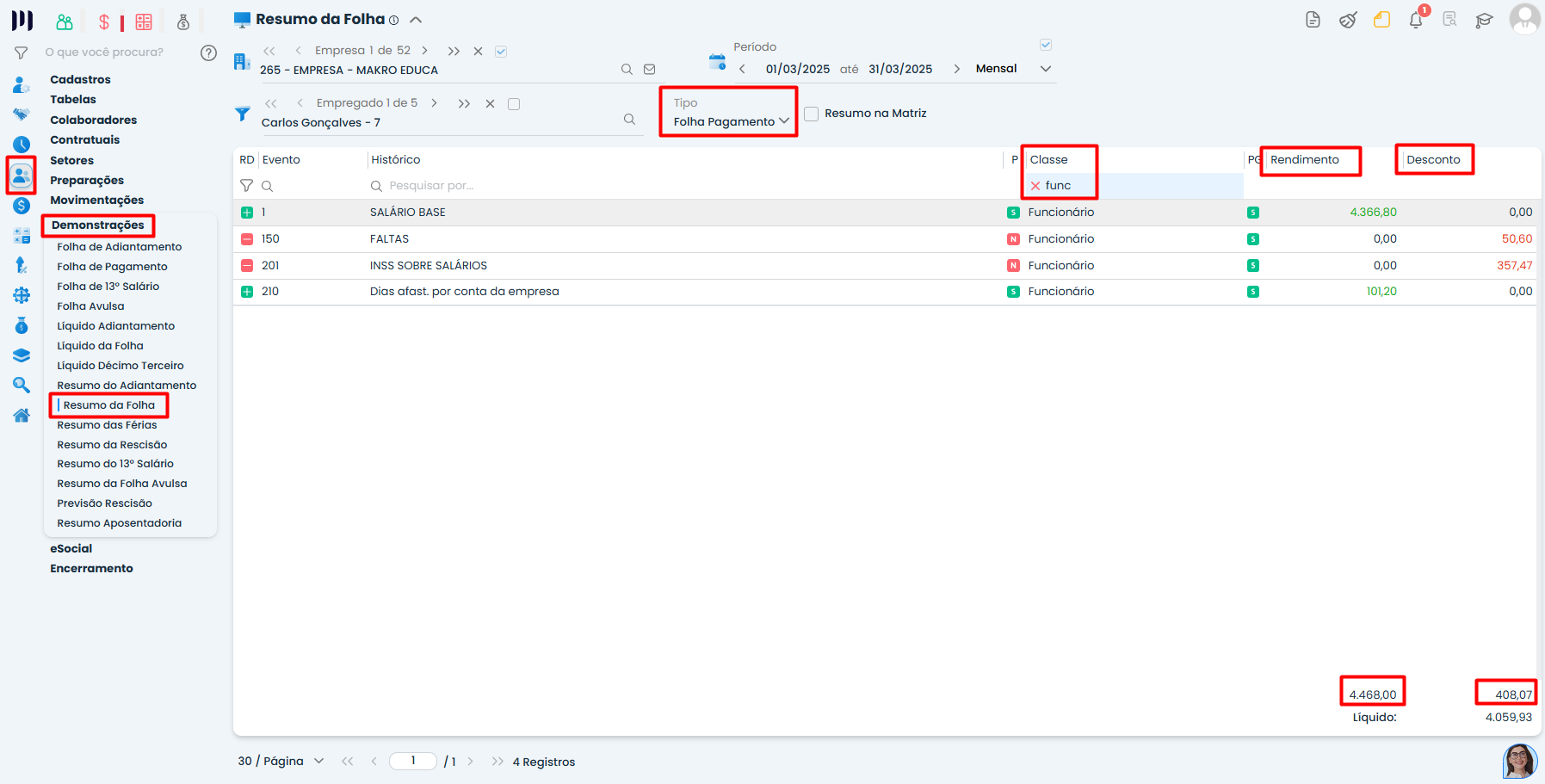 Resumo da folha no Sistema Contábil Makro exibindo rendimentos e descontos para conferência de salários no contábil com destaque nos valores