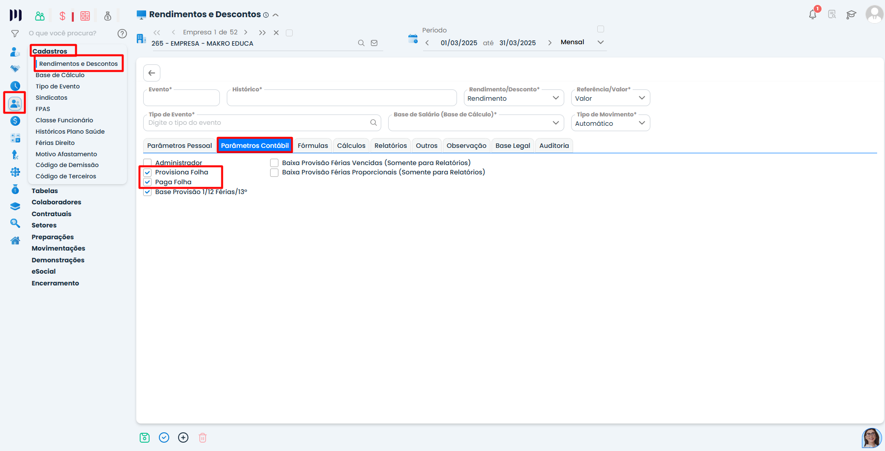 Tela de parametrização de eventos no Sistema Contábil Makro com opções provisionar e pagar folha relacionadas a salários no contábil