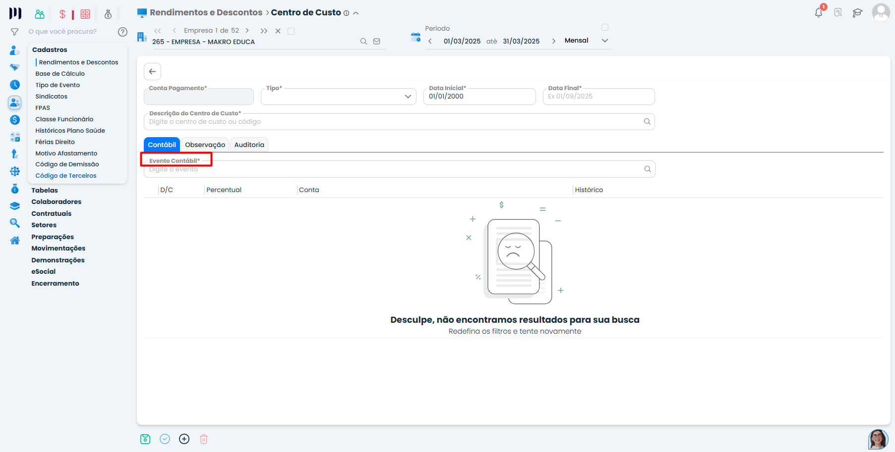 Tela de configuração de centro de custo em eventos no Sistema Contábil Makro exibindo aba contábil para validação salários no contábil sem registros encontrados.