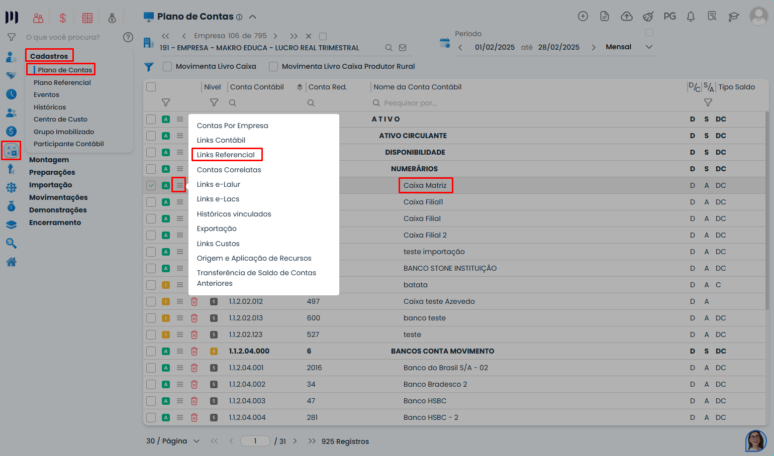 Tela do Sistema Contábil Makro no menu Plano de Contas destacando a Vinculação do Link Referencial ao selecionar submenu da conta contábil