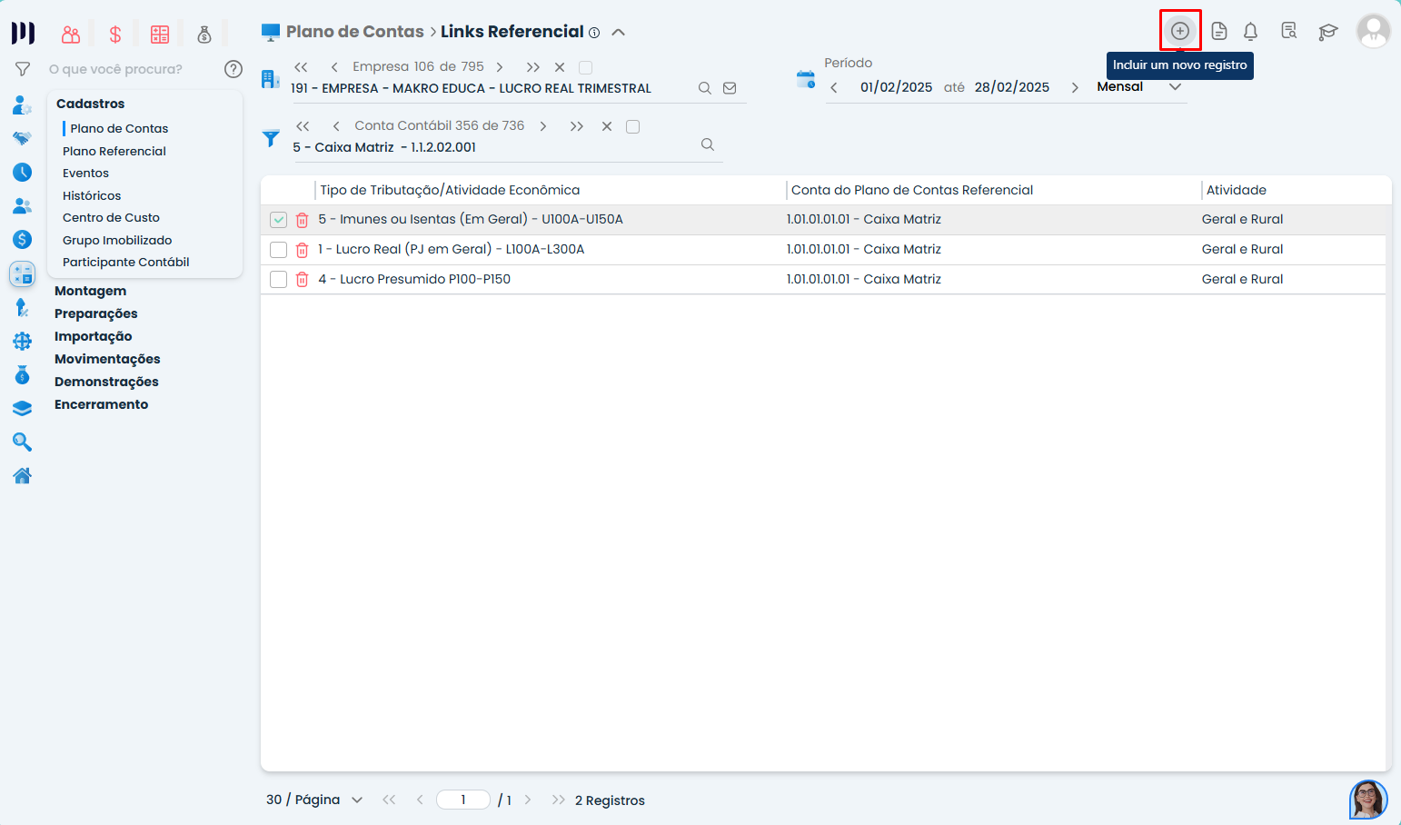 Interface do Sistema Contábil Makro exibindo tela de links e botão incluir para iniciar Vinculação do Link Referencial no cadastro contábil