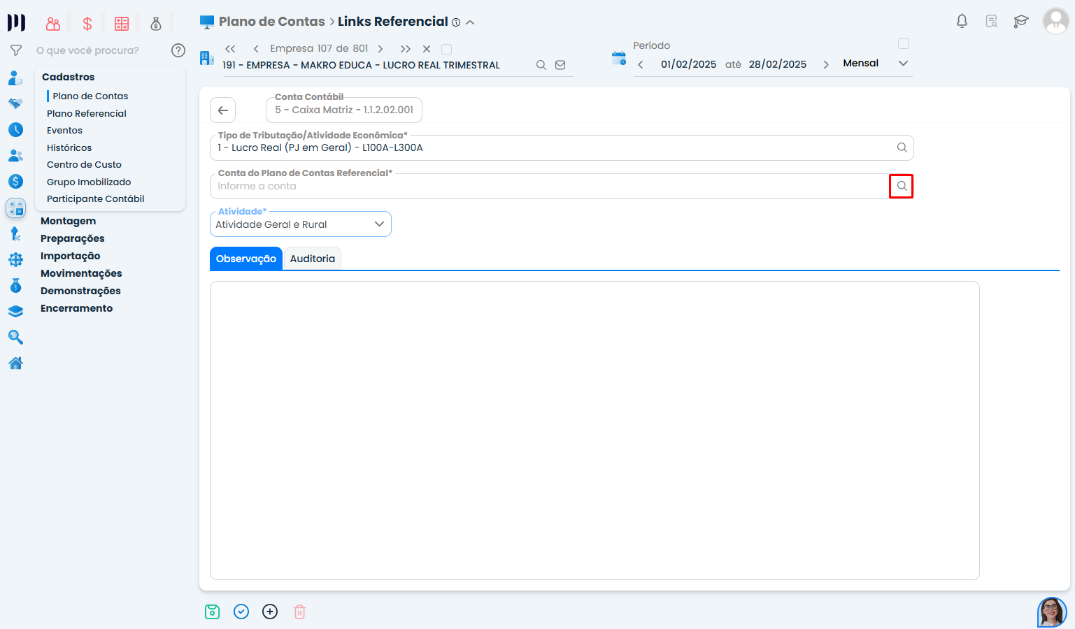 Tela do Sistema Contábil Makro com campo de busca da conta referencial para Vinculação do Link Referencial utilizando ícone de pesquisa